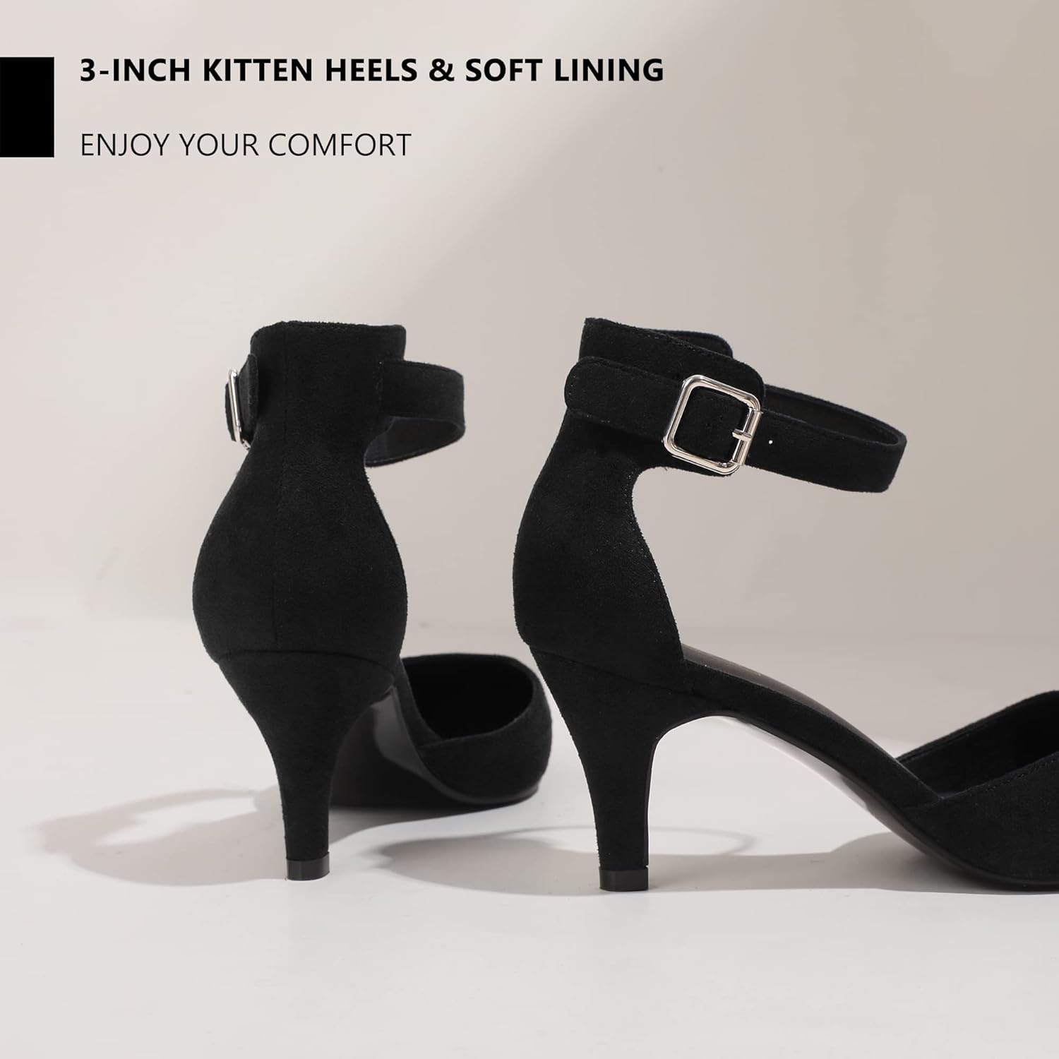 image:imageIDIFU Womens IN3 DOrsay Pumps Low Kitten Heels for Women Dress Shoes Pointed Closed Toe Wedding Bride Ankle Strap Dressy Silver Black Nude White Gold Heels for WomenBlack Suede
