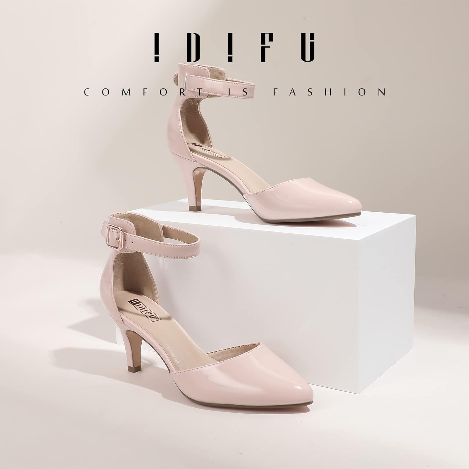 image:imageIDIFU Womens IN3 DOrsay Pumps Low Kitten Heels for Women Dress Shoes Pointed Closed Toe Wedding Bride Ankle Strap Dressy Silver Black Nude White Gold Heels for WomenNude Patent