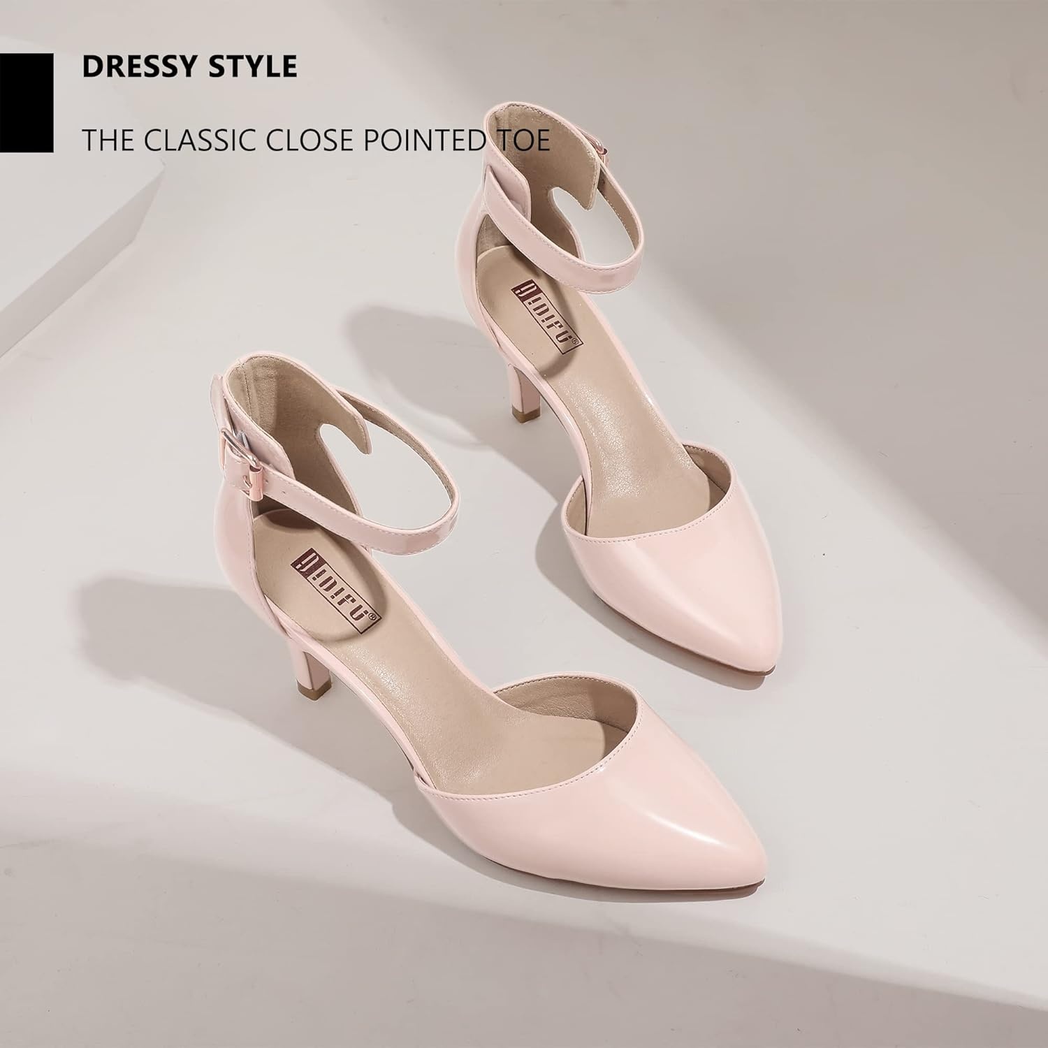 image:imageIDIFU Womens IN3 DOrsay Pumps Low Kitten Heels for Women Dress Shoes Pointed Closed Toe Wedding Bride Ankle Strap Dressy Silver Black Nude White Gold Heels for WomenNude Patent