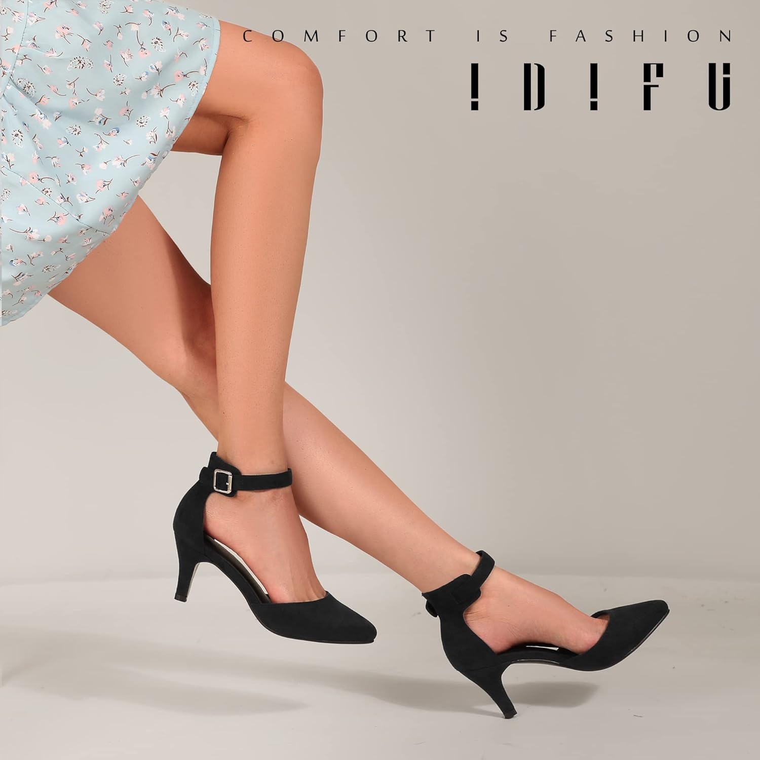 image:imageIDIFU Womens IN3 DOrsay Pumps Low Kitten Heels for Women Dress Shoes Pointed Closed Toe Wedding Bride Ankle Strap Dressy Silver Black Nude White Gold Heels for WomenBlack Suede