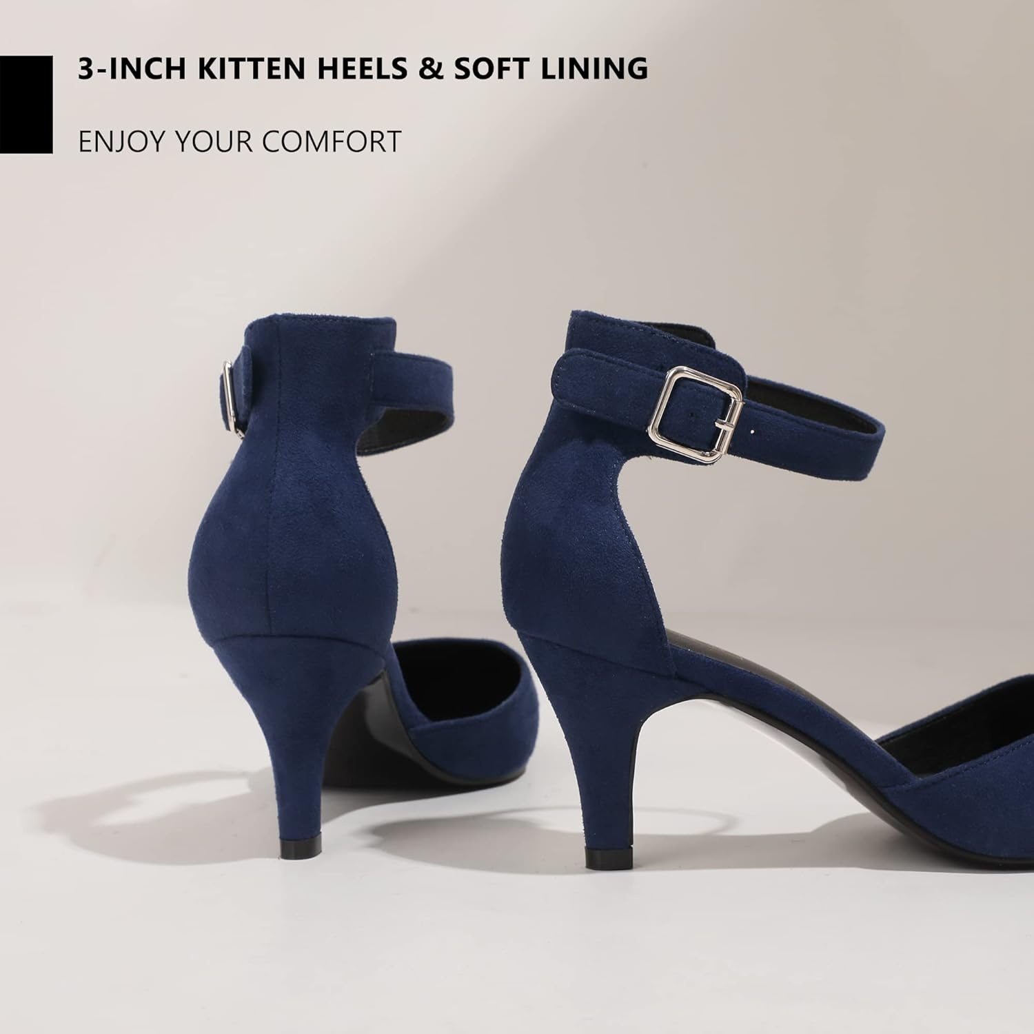 image:imageIDIFU Womens IN3 DOrsay Pumps Low Kitten Heels for Women Dress Shoes Pointed Closed Toe Wedding Bride Ankle Strap Dressy Silver Black Nude White Gold Heels for WomenBlue Suede