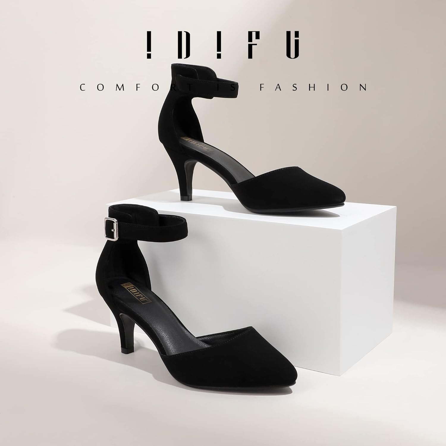 image:imageIDIFU Womens IN3 DOrsay Pumps Low Kitten Heels for Women Dress Shoes Pointed Closed Toe Wedding Bride Ankle Strap Dressy Silver Black Nude White Gold Heels for WomenBlack Nubuck