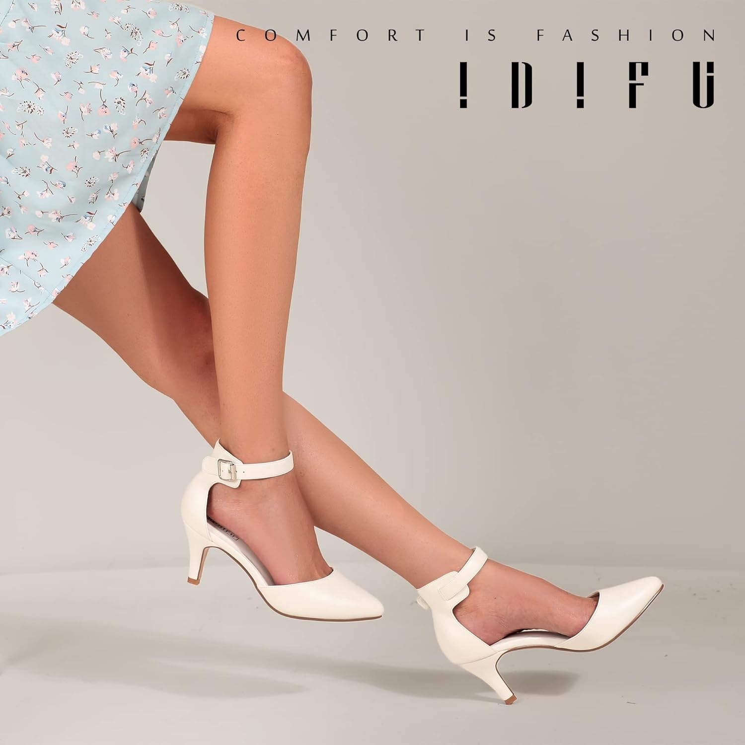 image:imageIDIFU Womens IN3 DOrsay Pumps Low Kitten Heels for Women Dress Shoes Pointed Closed Toe Wedding Bride Ankle Strap Dressy Silver Black Nude White Gold Heels for WomenWhite Pu