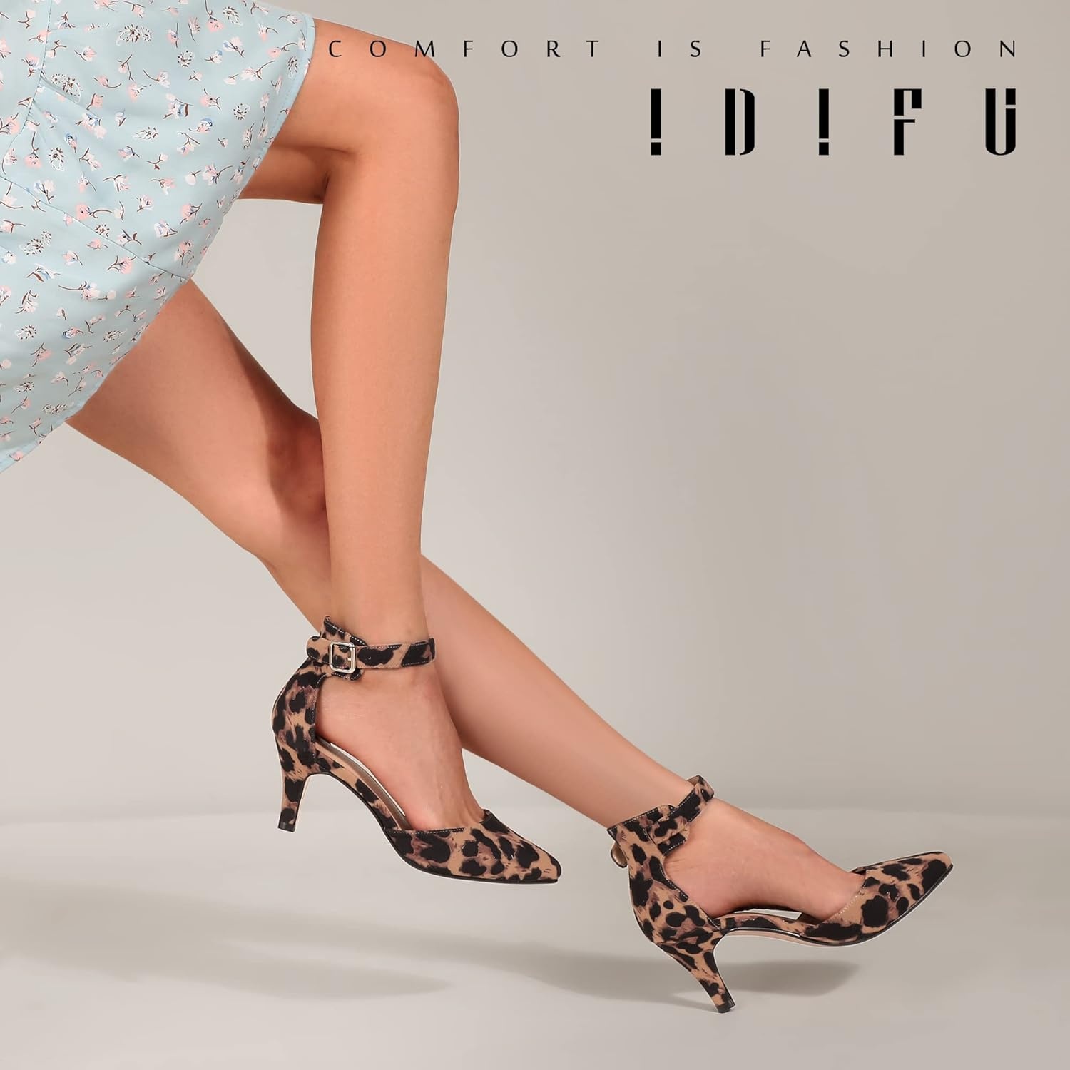 image:imageIDIFU Womens IN3 DOrsay Pumps Low Kitten Heels for Women Dress Shoes Pointed Closed Toe Wedding Bride Ankle Strap Dressy Silver Black Nude White Gold Heels for WomenLeopard Suede
