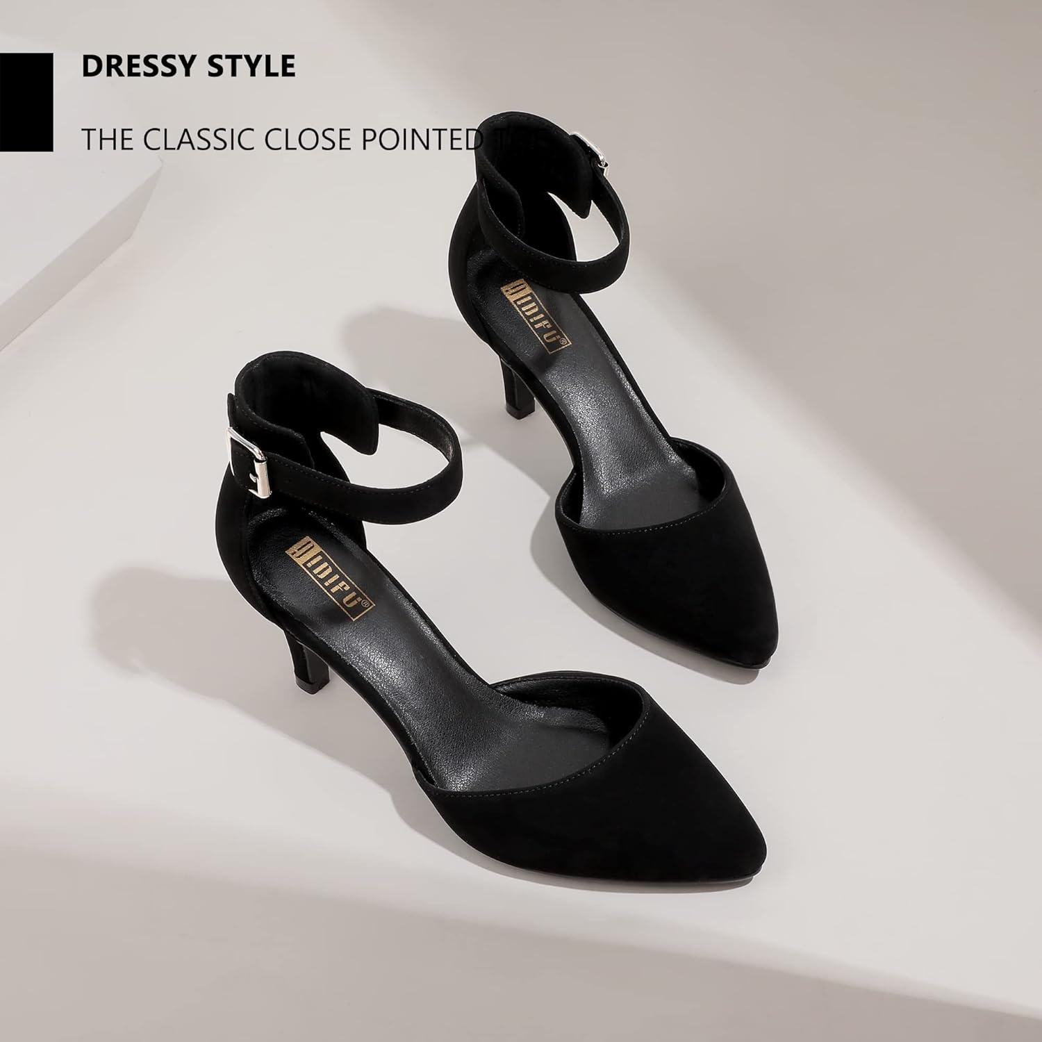 image:imageIDIFU Womens IN3 DOrsay Pumps Low Kitten Heels for Women Dress Shoes Pointed Closed Toe Wedding Bride Ankle Strap Dressy Silver Black Nude White Gold Heels for WomenBlack Nubuck