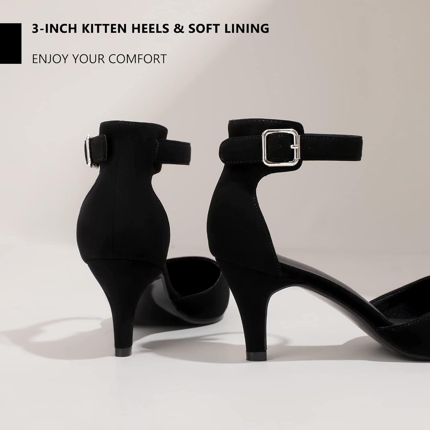 image:imageIDIFU Womens IN3 DOrsay Pumps Low Kitten Heels for Women Dress Shoes Pointed Closed Toe Wedding Bride Ankle Strap Dressy Silver Black Nude White Gold Heels for WomenBlack Nubuck