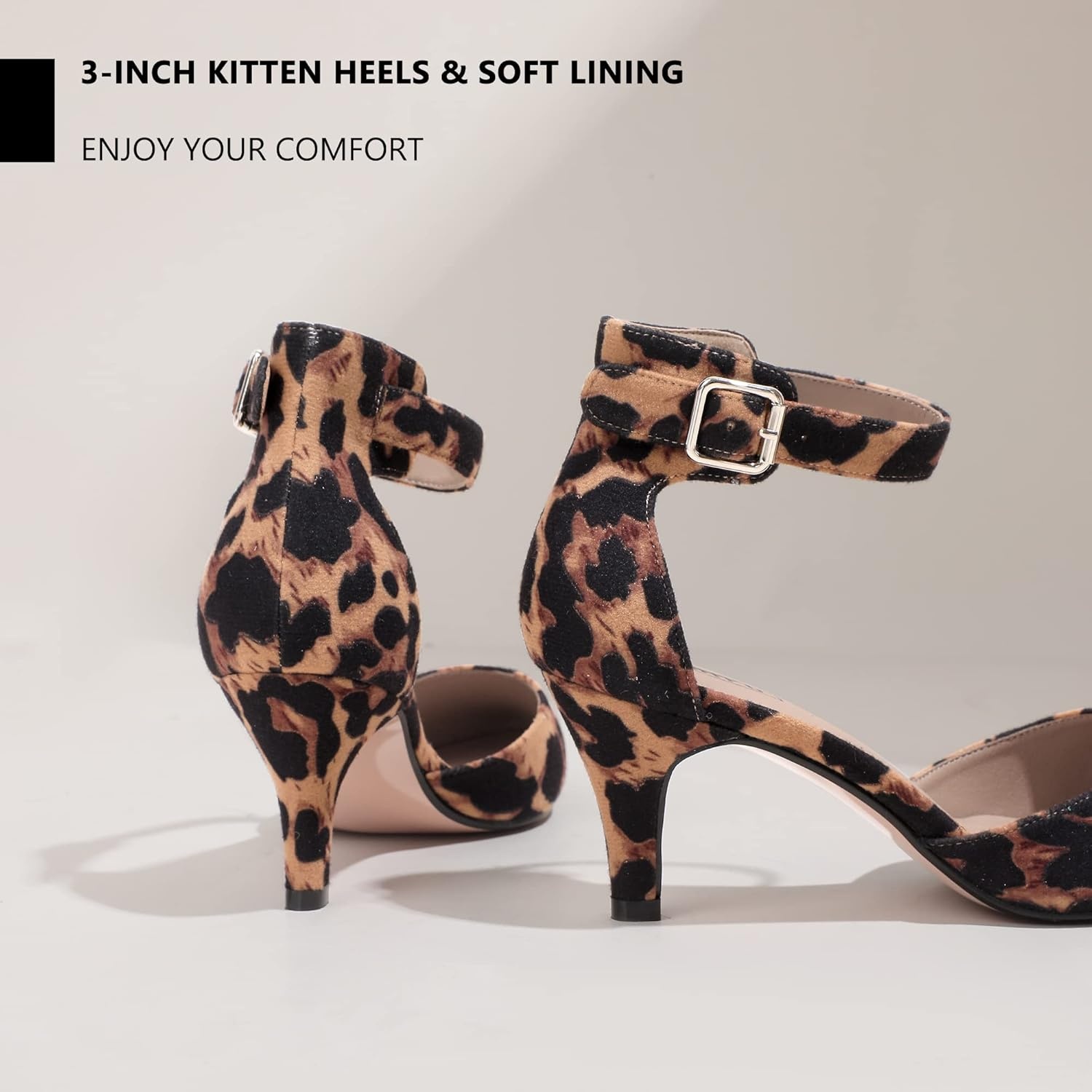 image:imageIDIFU Womens IN3 DOrsay Pumps Low Kitten Heels for Women Dress Shoes Pointed Closed Toe Wedding Bride Ankle Strap Dressy Silver Black Nude White Gold Heels for WomenLeopard Suede