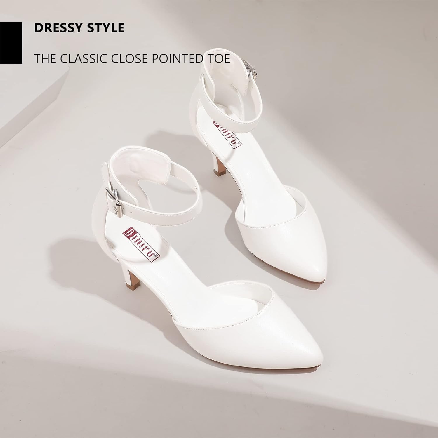 image:imageIDIFU Womens IN3 DOrsay Pumps Low Kitten Heels for Women Dress Shoes Pointed Closed Toe Wedding Bride Ankle Strap Dressy Silver Black Nude White Gold Heels for WomenWhite Pu