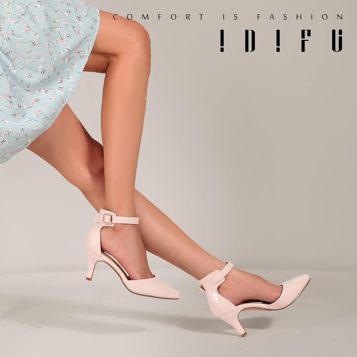 image:imageIDIFU Womens IN3 DOrsay Pumps Low Kitten Heels for Women Dress Shoes Pointed Closed Toe Wedding Bride Ankle Strap Dressy Silver Black Nude White Gold Heels for WomenNude Patent