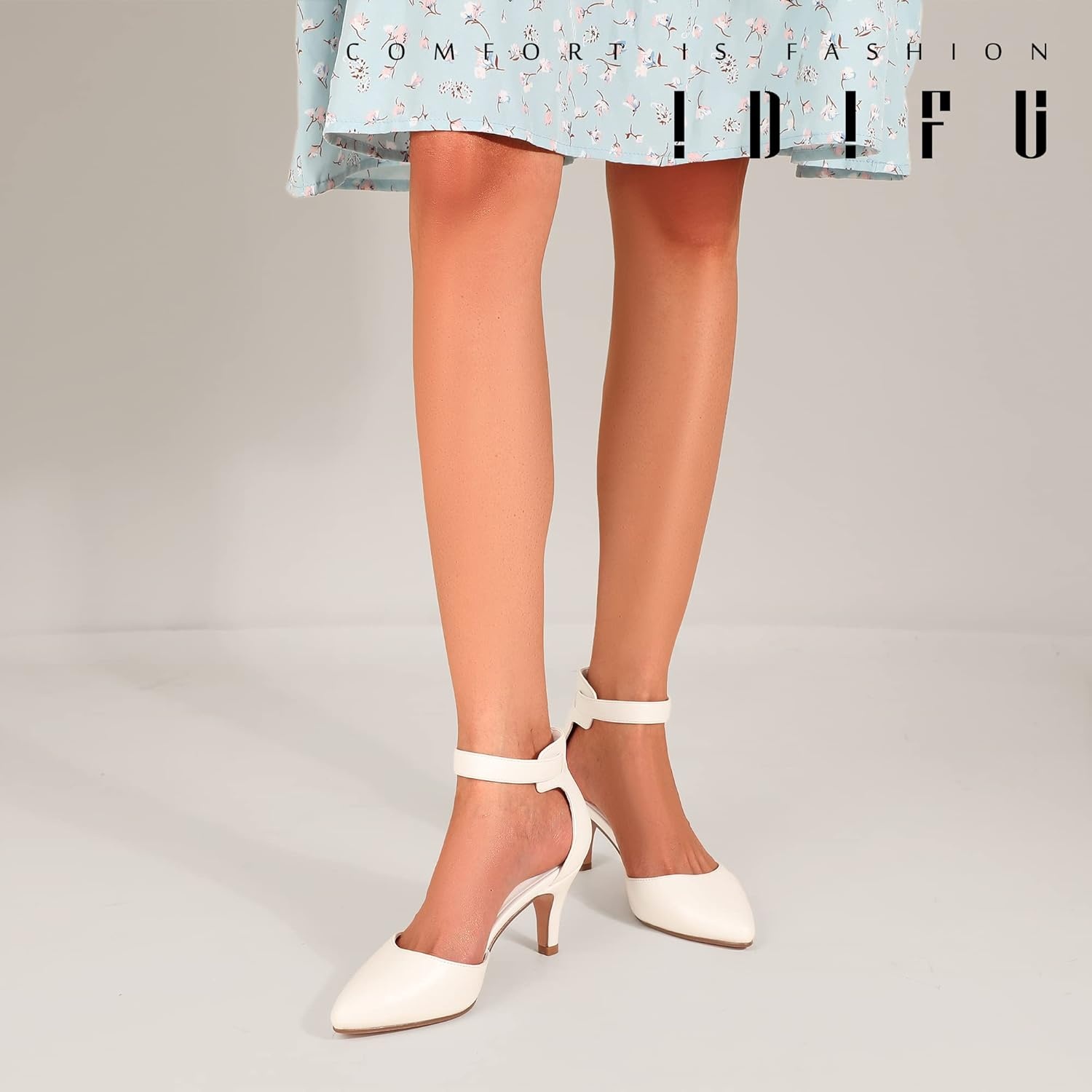 image:imageIDIFU Womens IN3 DOrsay Pumps Low Kitten Heels for Women Dress Shoes Pointed Closed Toe Wedding Bride Ankle Strap Dressy Silver Black Nude White Gold Heels for WomenWhite Pu