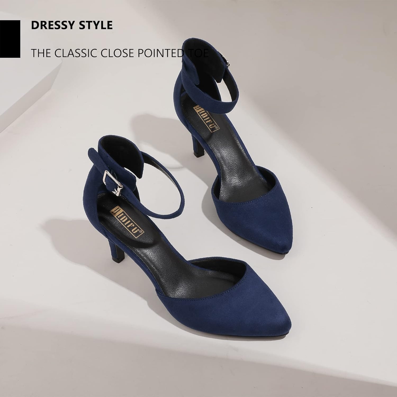 image:imageIDIFU Womens IN3 DOrsay Pumps Low Kitten Heels for Women Dress Shoes Pointed Closed Toe Wedding Bride Ankle Strap Dressy Silver Black Nude White Gold Heels for WomenBlue Suede