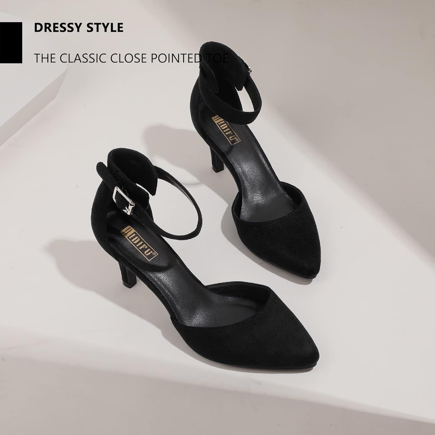 image:imageIDIFU Womens IN3 DOrsay Pumps Low Kitten Heels for Women Dress Shoes Pointed Closed Toe Wedding Bride Ankle Strap Dressy Silver Black Nude White Gold Heels for WomenBlack Suede