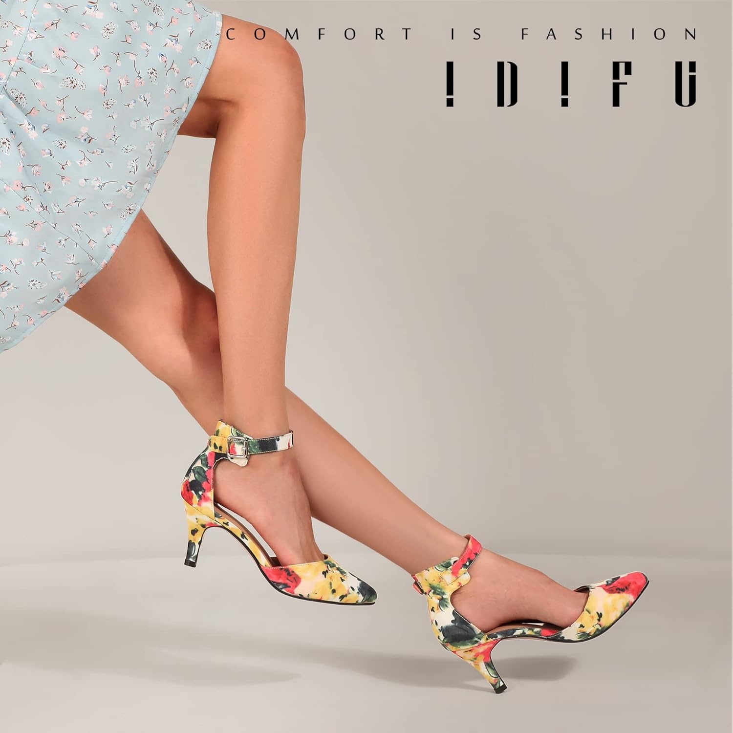 image:imageIDIFU Womens IN3 DOrsay Pumps Low Kitten Heels for Women Dress Shoes Pointed Closed Toe Wedding Bride Ankle Strap Dressy Silver Black Nude White Gold Heels for WomenFloral Yellow