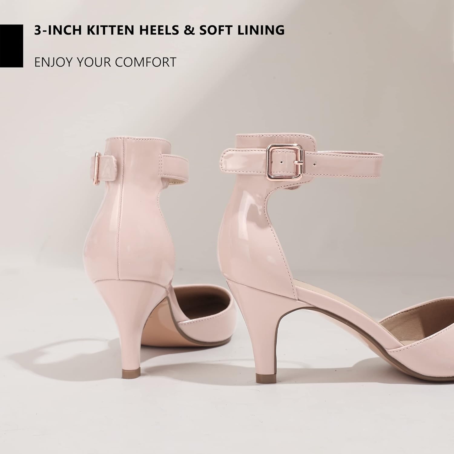 image:imageIDIFU Womens IN3 DOrsay Pumps Low Kitten Heels for Women Dress Shoes Pointed Closed Toe Wedding Bride Ankle Strap Dressy Silver Black Nude White Gold Heels for WomenNude Patent