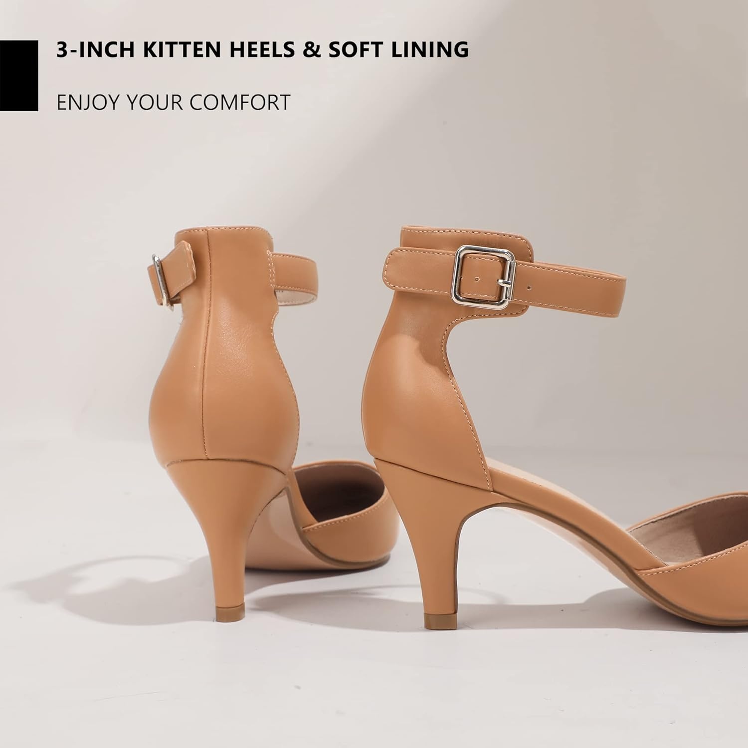 image:imageIDIFU Womens IN3 DOrsay Pumps Low Kitten Heels for Women Dress Shoes Pointed Closed Toe Wedding Bride Ankle Strap Dressy Silver Black Nude White Gold Heels for WomenDark Nude Pu