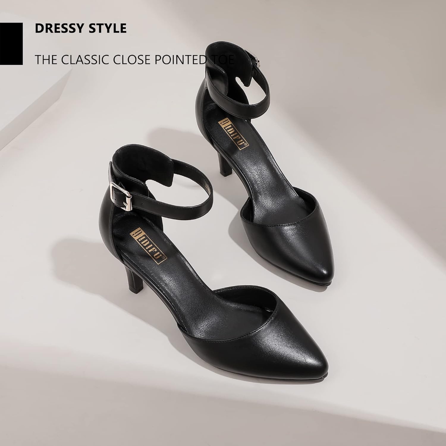 image:imageIDIFU Womens IN3 DOrsay Pumps Low Kitten Heels for Women Dress Shoes Pointed Closed Toe Wedding Bride Ankle Strap Dressy Silver Black Nude White Gold Heels for WomenBlack Pu