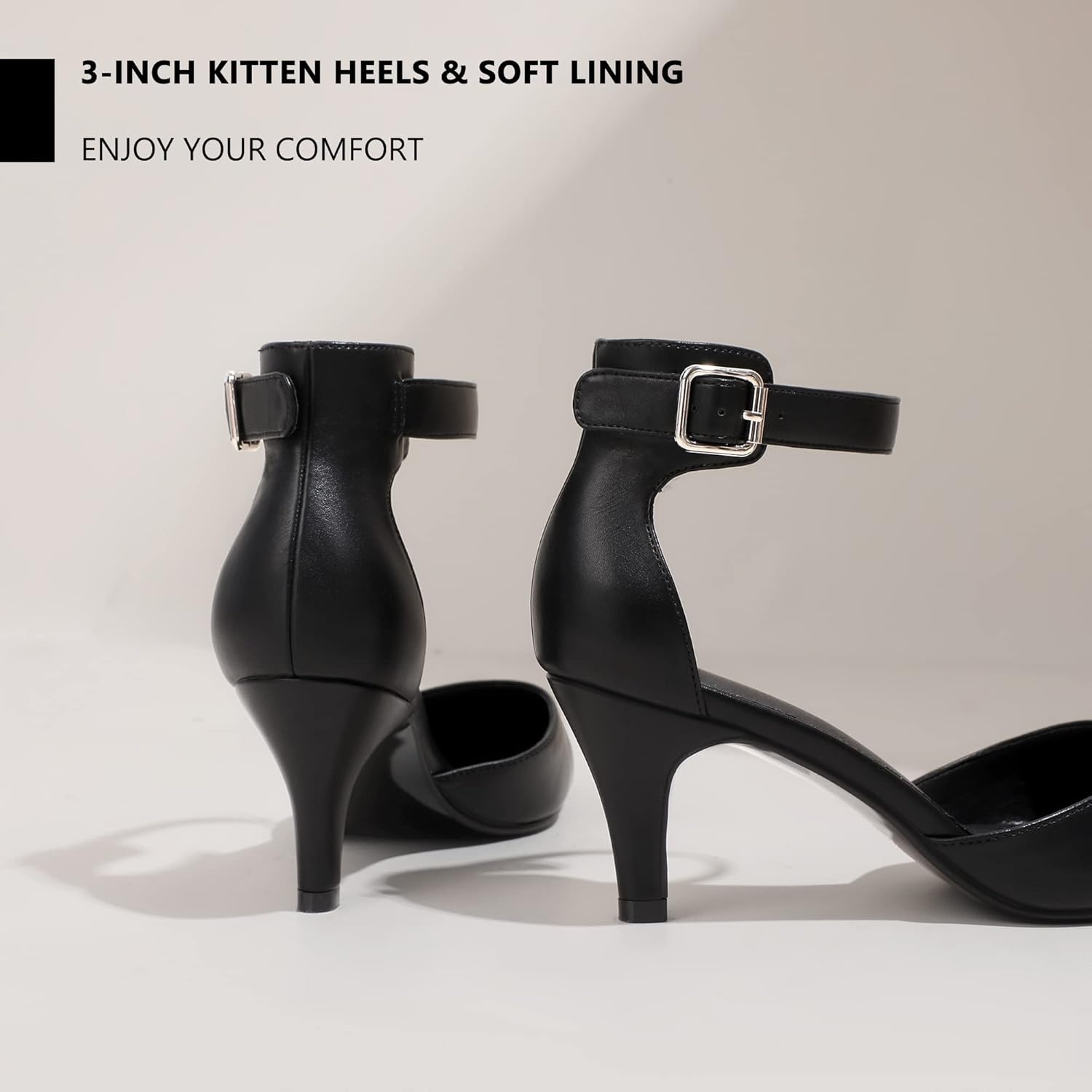 image:imageIDIFU Womens IN3 DOrsay Pumps Low Kitten Heels for Women Dress Shoes Pointed Closed Toe Wedding Bride Ankle Strap Dressy Silver Black Nude White Gold Heels for WomenBlack Pu
