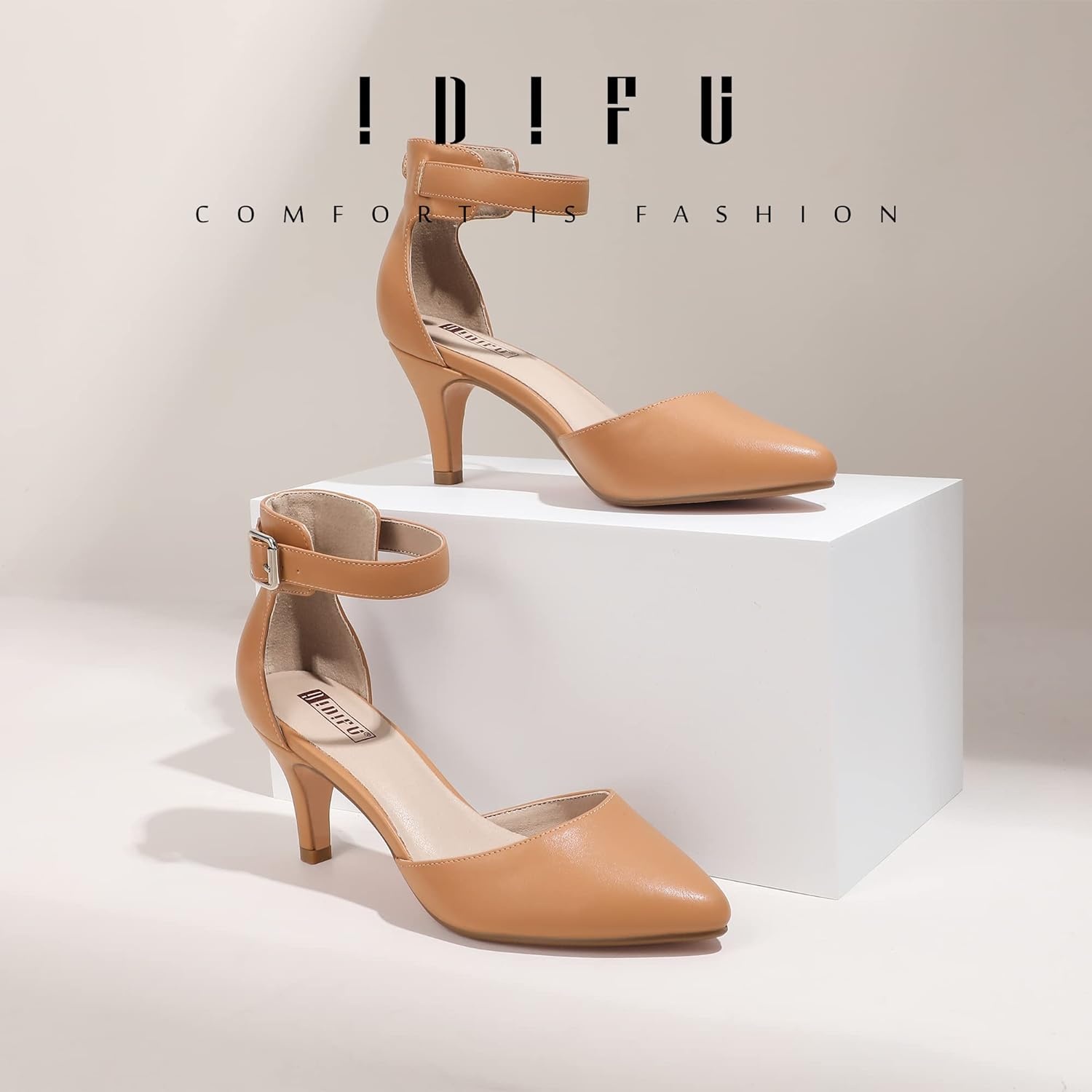image:imageIDIFU Womens IN3 DOrsay Pumps Low Kitten Heels for Women Dress Shoes Pointed Closed Toe Wedding Bride Ankle Strap Dressy Silver Black Nude White Gold Heels for WomenDark Nude Pu