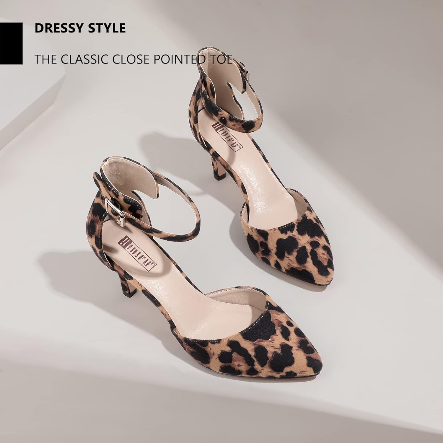 image:imageIDIFU Womens IN3 DOrsay Pumps Low Kitten Heels for Women Dress Shoes Pointed Closed Toe Wedding Bride Ankle Strap Dressy Silver Black Nude White Gold Heels for WomenLeopard Suede