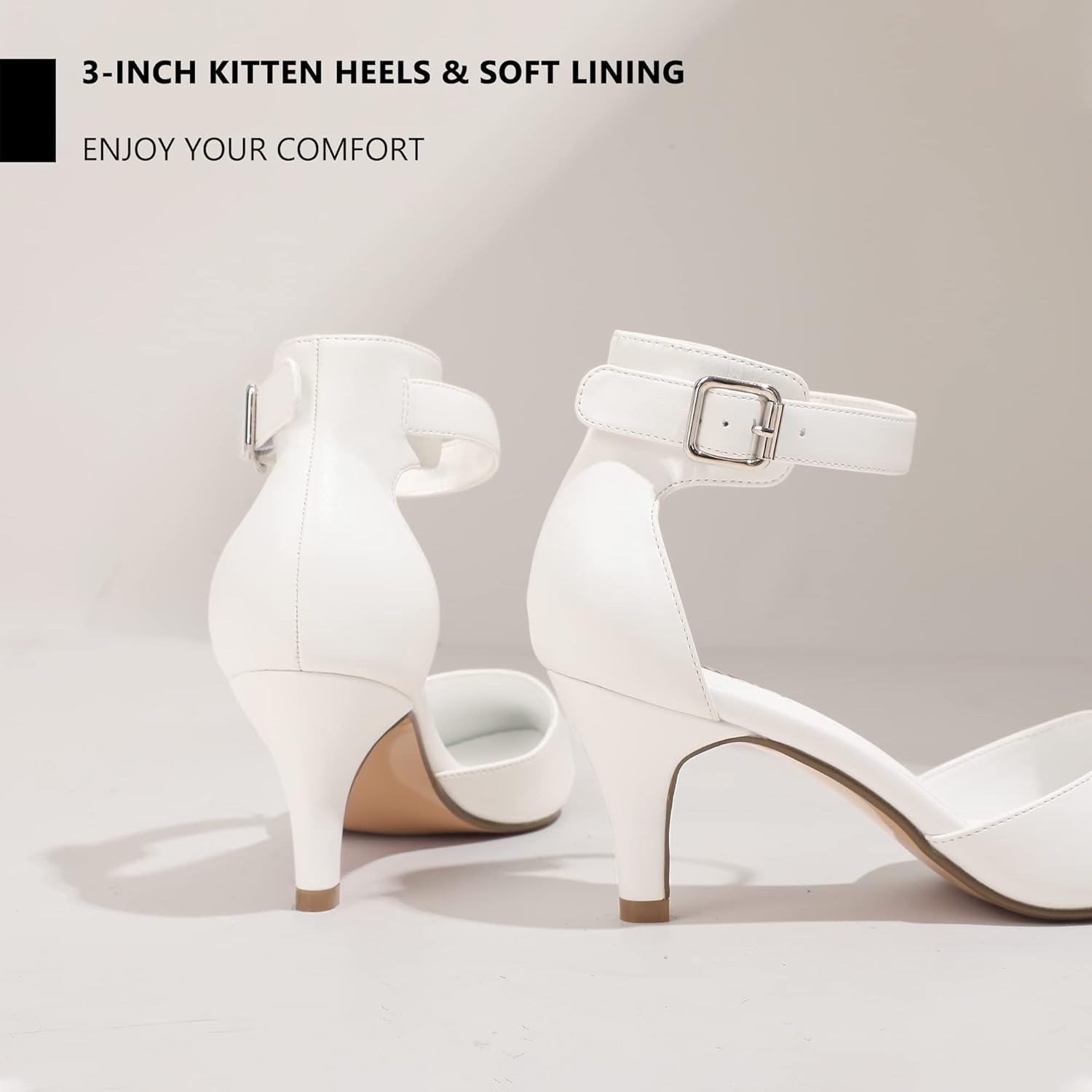 image:imageIDIFU Womens IN3 DOrsay Pumps Low Kitten Heels for Women Dress Shoes Pointed Closed Toe Wedding Bride Ankle Strap Dressy Silver Black Nude White Gold Heels for WomenWhite Pu