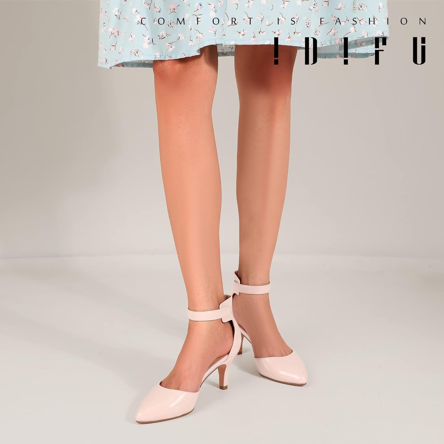 image:imageIDIFU Womens IN3 DOrsay Pumps Low Kitten Heels for Women Dress Shoes Pointed Closed Toe Wedding Bride Ankle Strap Dressy Silver Black Nude White Gold Heels for WomenNude Patent
