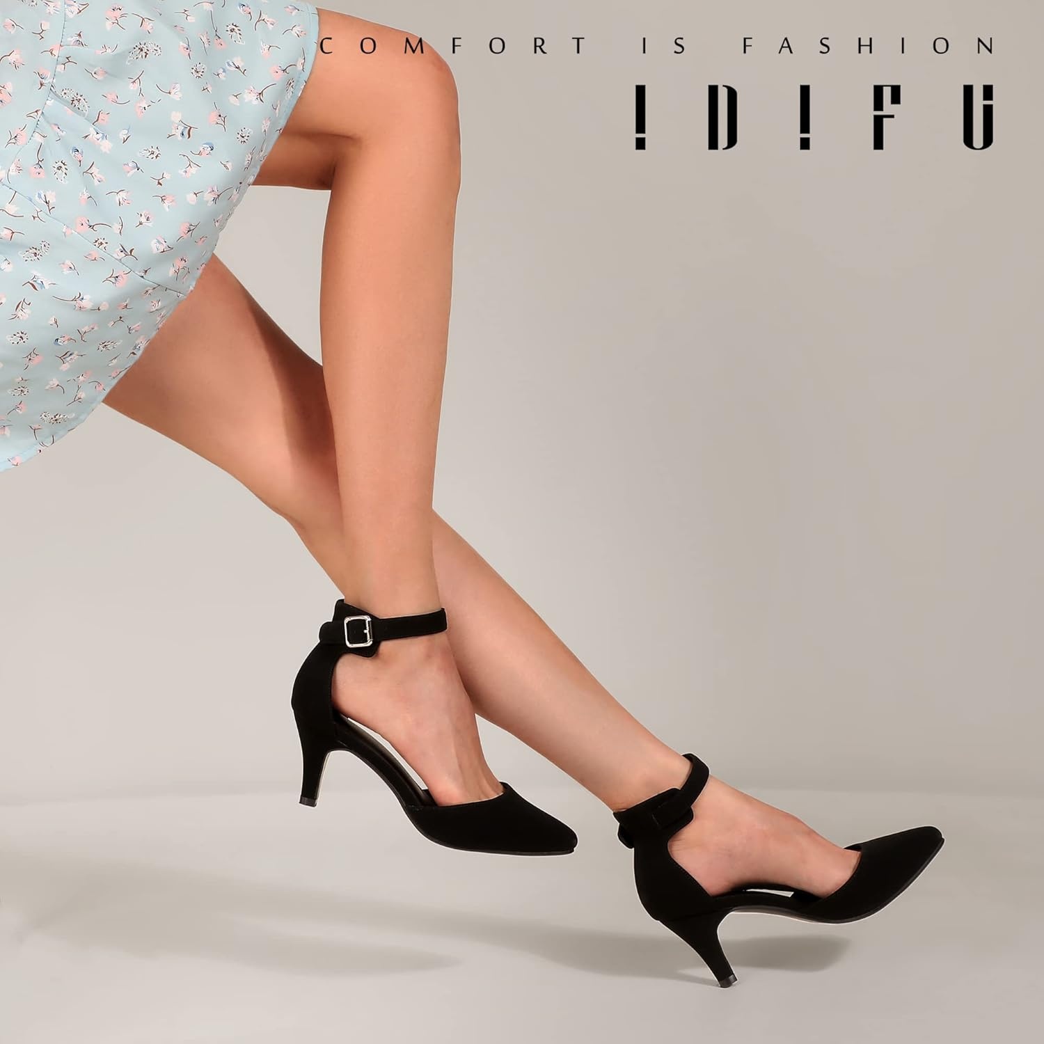 image:imageIDIFU Womens IN3 DOrsay Pumps Low Kitten Heels for Women Dress Shoes Pointed Closed Toe Wedding Bride Ankle Strap Dressy Silver Black Nude White Gold Heels for WomenBlack Nubuck