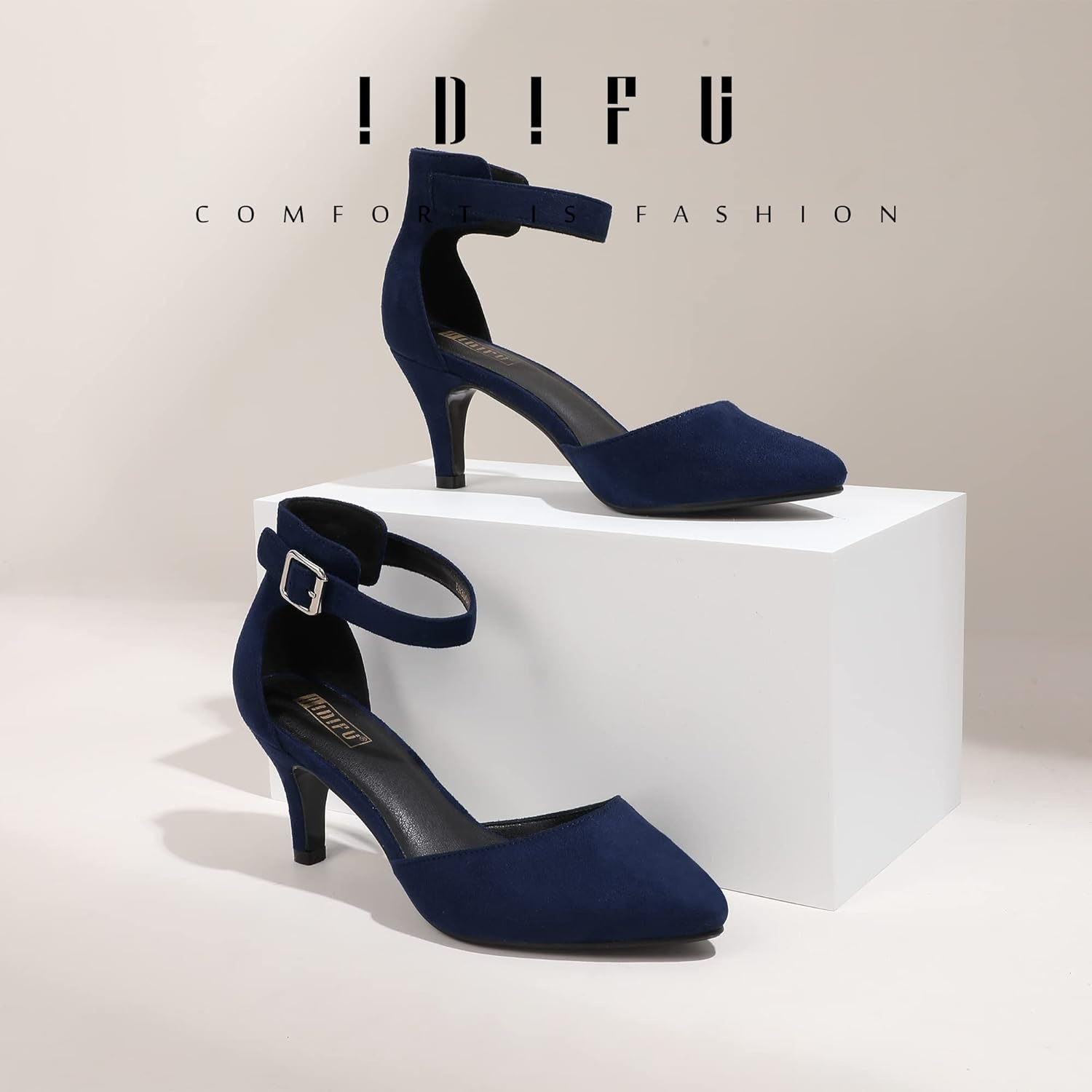 image:imageIDIFU Womens IN3 DOrsay Pumps Low Kitten Heels for Women Dress Shoes Pointed Closed Toe Wedding Bride Ankle Strap Dressy Silver Black Nude White Gold Heels for WomenBlue Suede