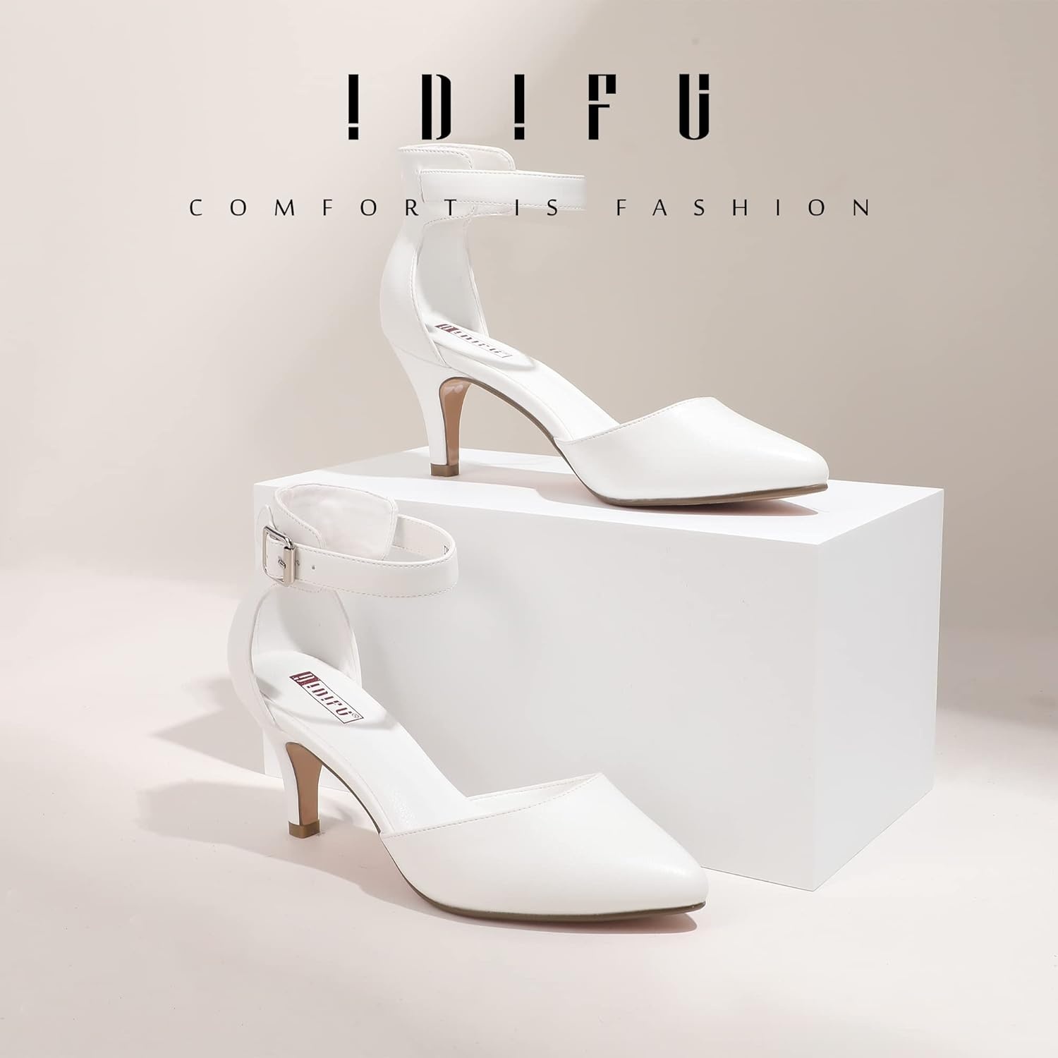 image:imageIDIFU Womens IN3 DOrsay Pumps Low Kitten Heels for Women Dress Shoes Pointed Closed Toe Wedding Bride Ankle Strap Dressy Silver Black Nude White Gold Heels for WomenWhite Pu