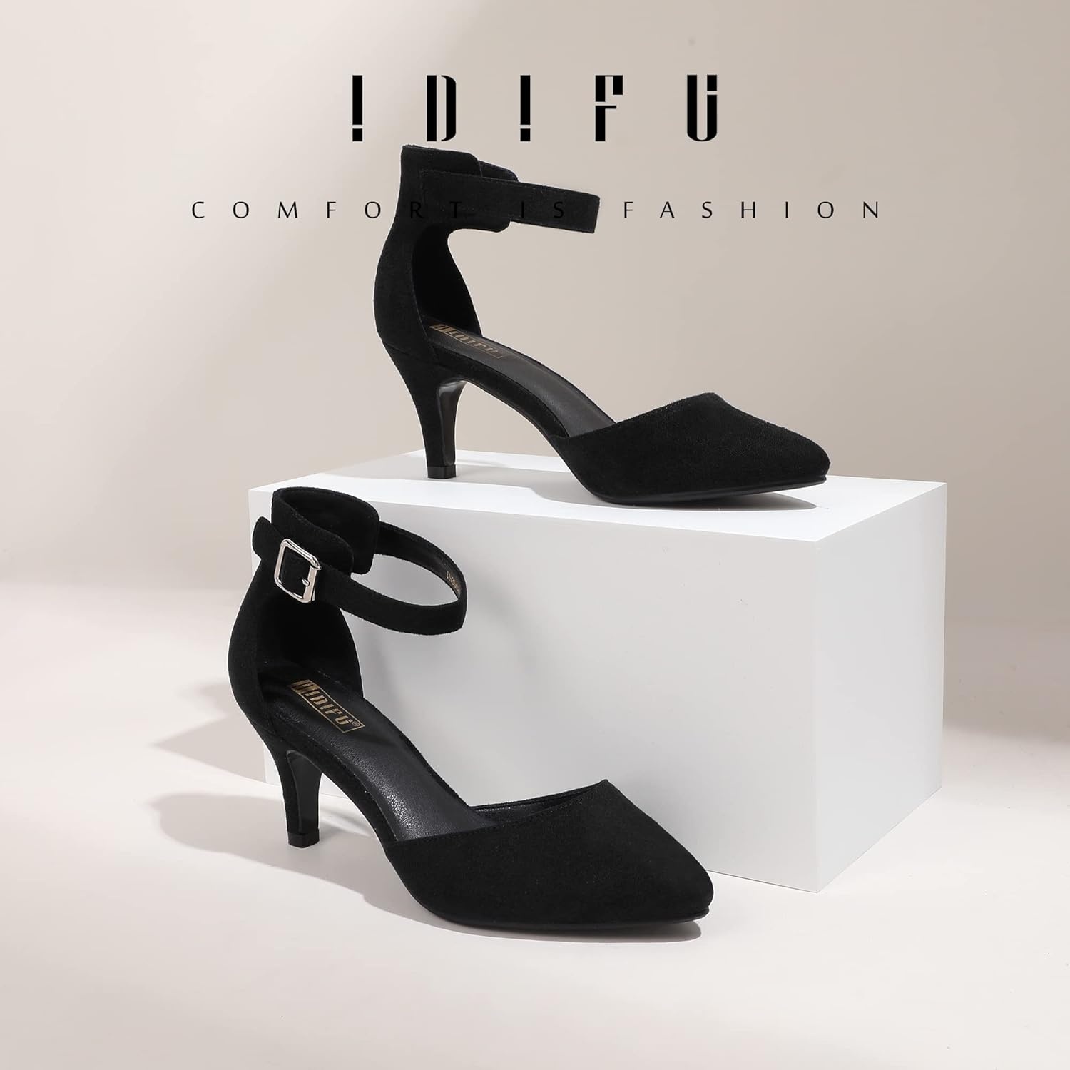 image:imageIDIFU Womens IN3 DOrsay Pumps Low Kitten Heels for Women Dress Shoes Pointed Closed Toe Wedding Bride Ankle Strap Dressy Silver Black Nude White Gold Heels for WomenBlack Suede