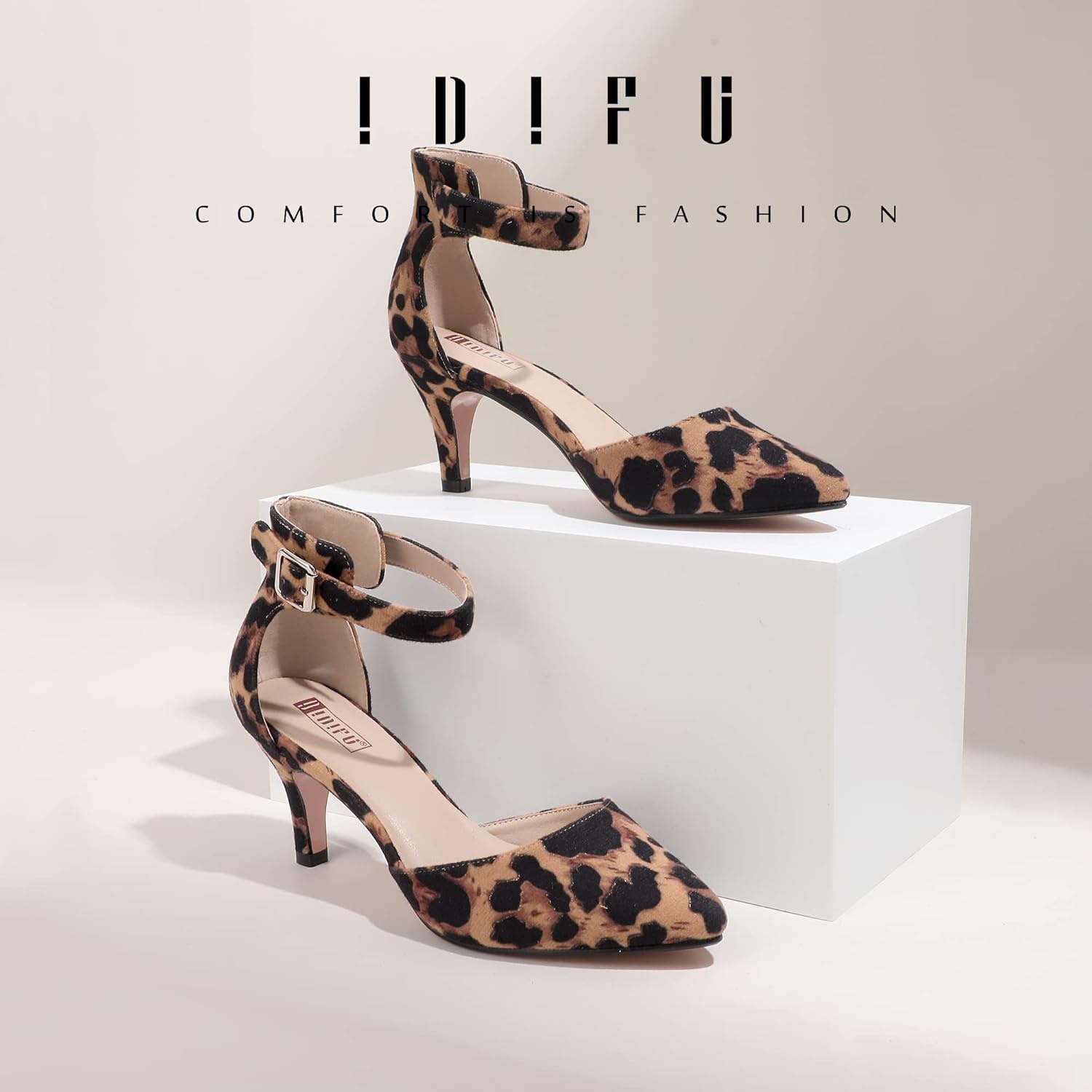 image:imageIDIFU Womens IN3 DOrsay Pumps Low Kitten Heels for Women Dress Shoes Pointed Closed Toe Wedding Bride Ankle Strap Dressy Silver Black Nude White Gold Heels for WomenLeopard Suede