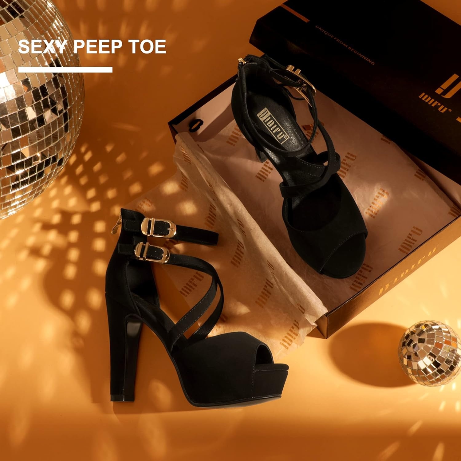 image:imageIDIFU Womens IN5 Charcy Crisscross Strappy Platform High Chunky Heels Peep Toe Pump Party Heeled SandalsBlack Nubuck