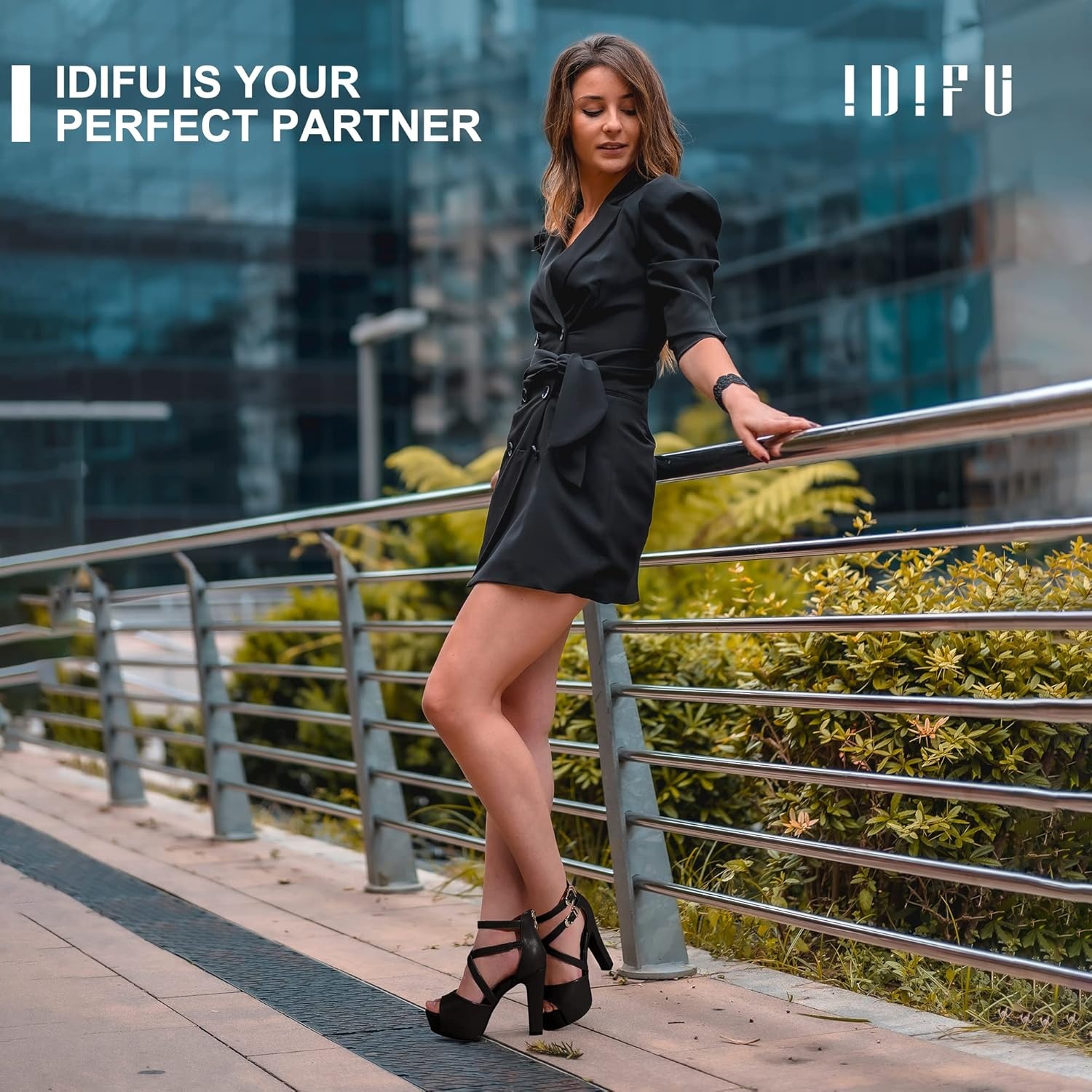 image:imageIDIFU Womens IN5 Charcy Crisscross Strappy Platform High Chunky Heels Peep Toe Pump Party Heeled SandalsBlack Pu