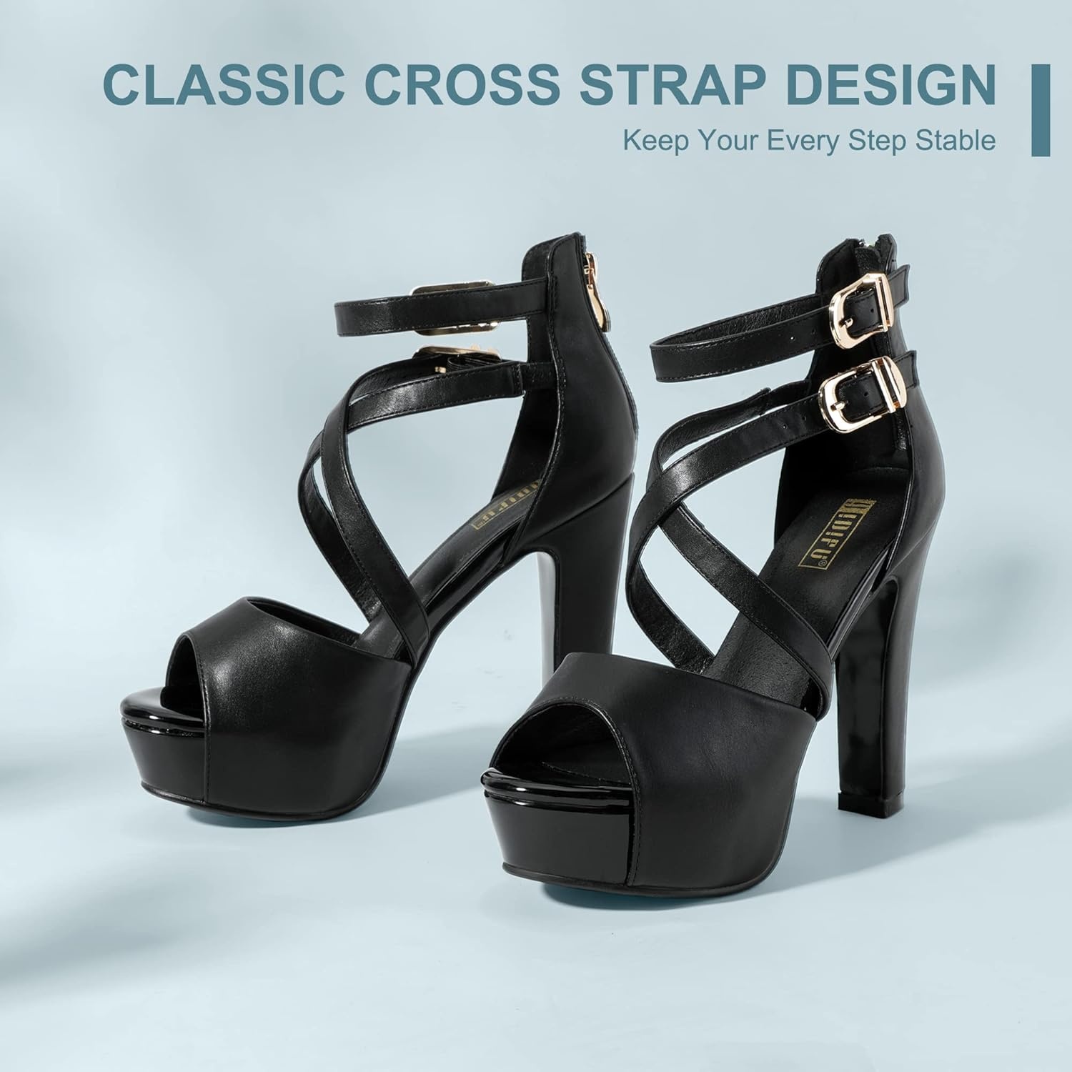 image:imageIDIFU Womens IN5 Charcy Crisscross Strappy Platform High Chunky Heels Peep Toe Pump Party Heeled SandalsBlack Pu