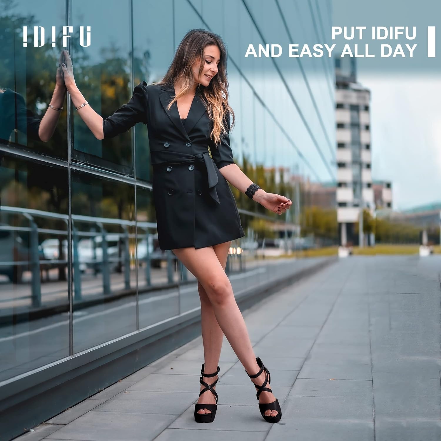image:imageIDIFU Womens IN5 Charcy Crisscross Strappy Platform High Chunky Heels Peep Toe Pump Party Heeled SandalsBlack Pu