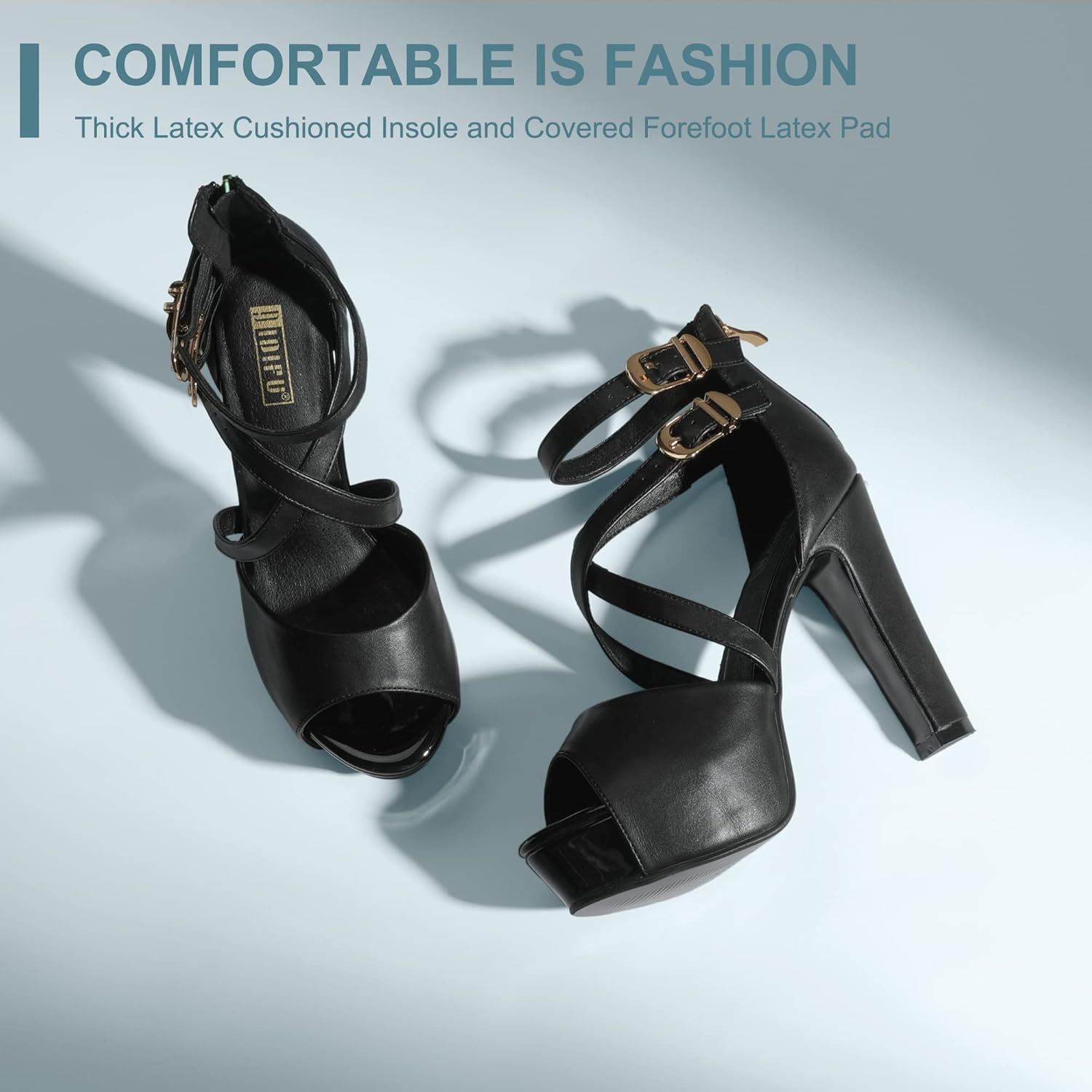 image:imageIDIFU Womens IN5 Charcy Crisscross Strappy Platform High Chunky Heels Peep Toe Pump Party Heeled SandalsBlack Pu