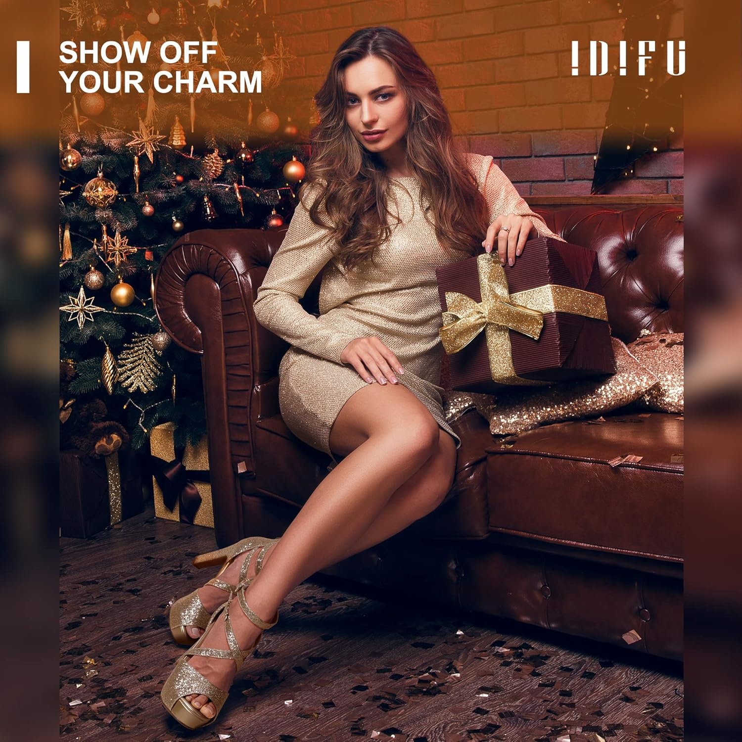 image:imageIDIFU Womens IN5 Charcy Crisscross Strappy Platform High Chunky Heels Peep Toe Pump Party Heeled SandalsGold Glitter