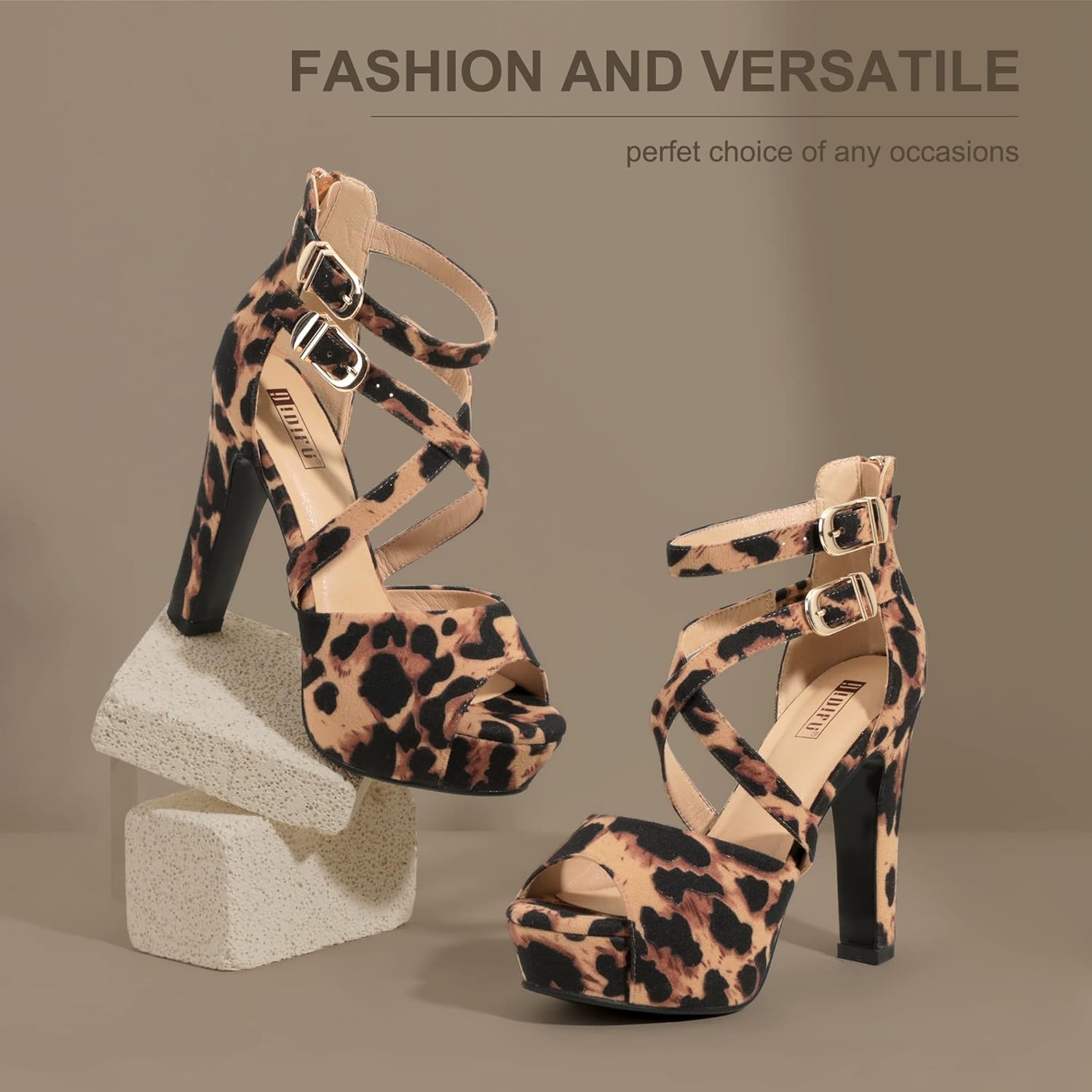 image:imageIDIFU Womens IN5 Charcy Crisscross Strappy Platform High Chunky Heels Peep Toe Pump Party Heeled SandalsLeopard Suede