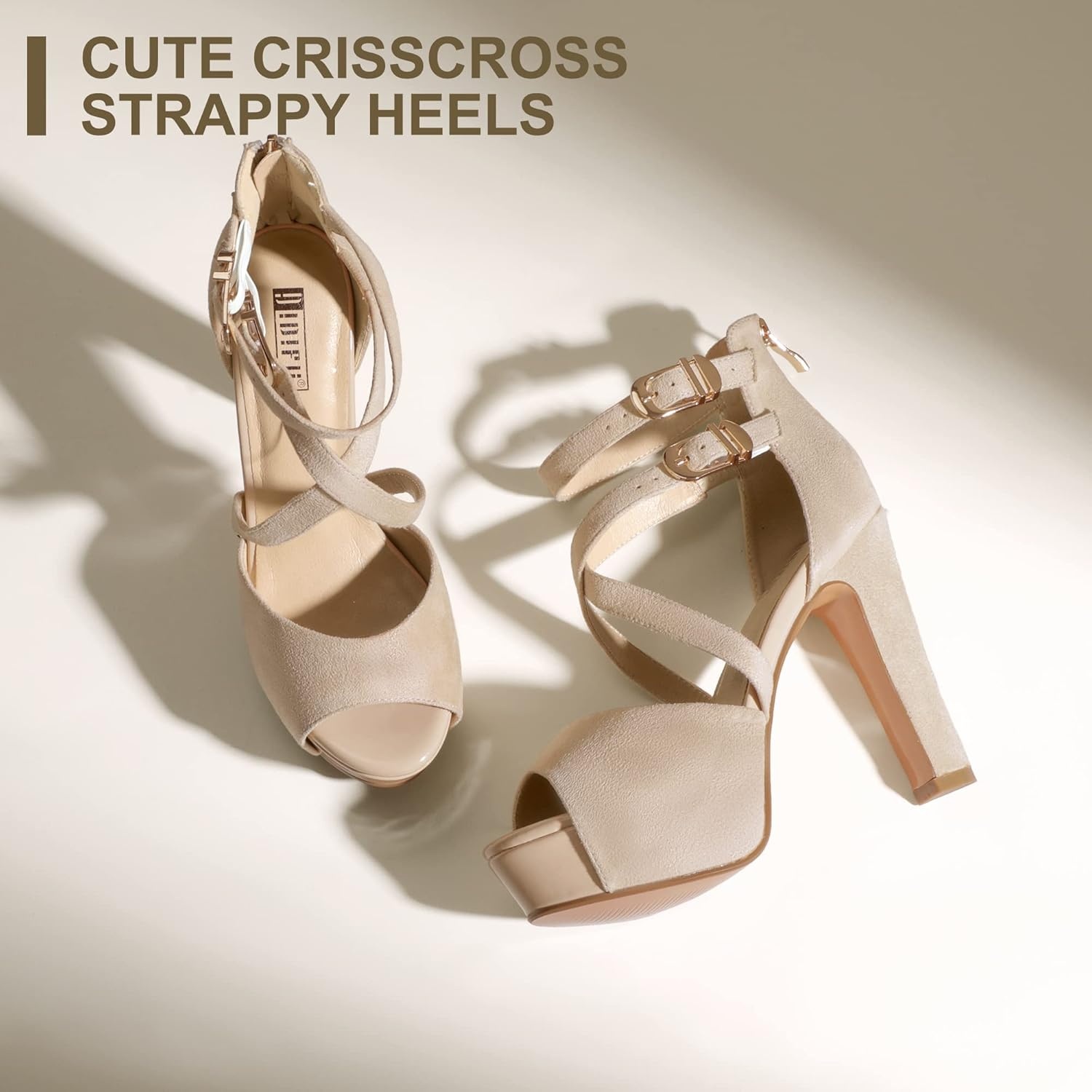 image:imageIDIFU Womens IN5 Charcy Crisscross Strappy Platform High Chunky Heels Peep Toe Pump Party Heeled SandalsNude Suede