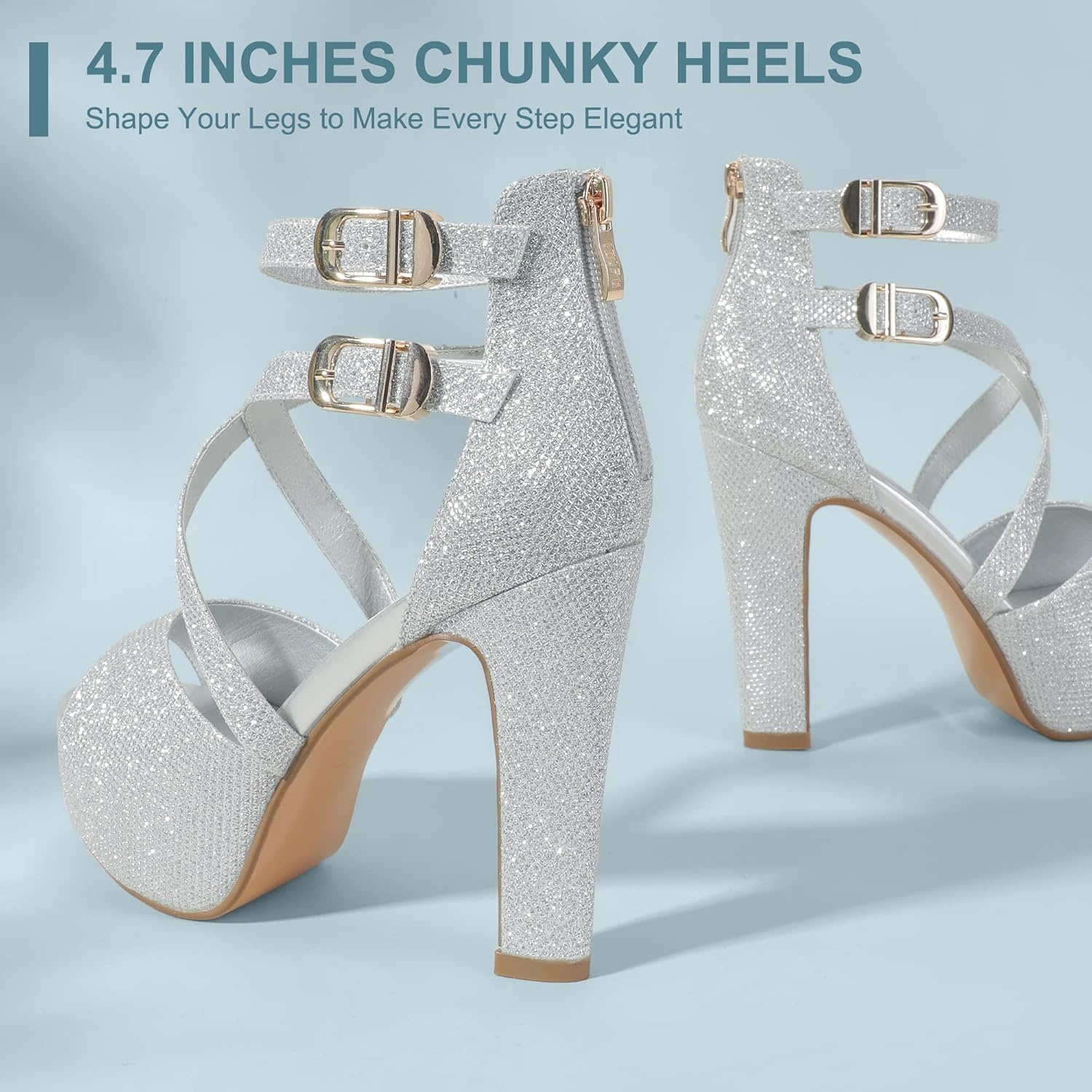 image:imageIDIFU Womens IN5 Charcy Crisscross Strappy Platform High Chunky Heels Peep Toe Pump Party Heeled SandalsSilver