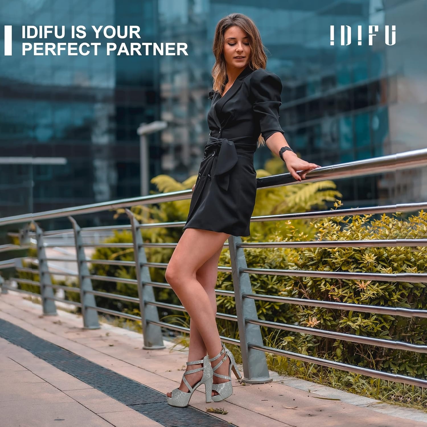 image:imageIDIFU Womens IN5 Charcy Crisscross Strappy Platform High Chunky Heels Peep Toe Pump Party Heeled SandalsSilver