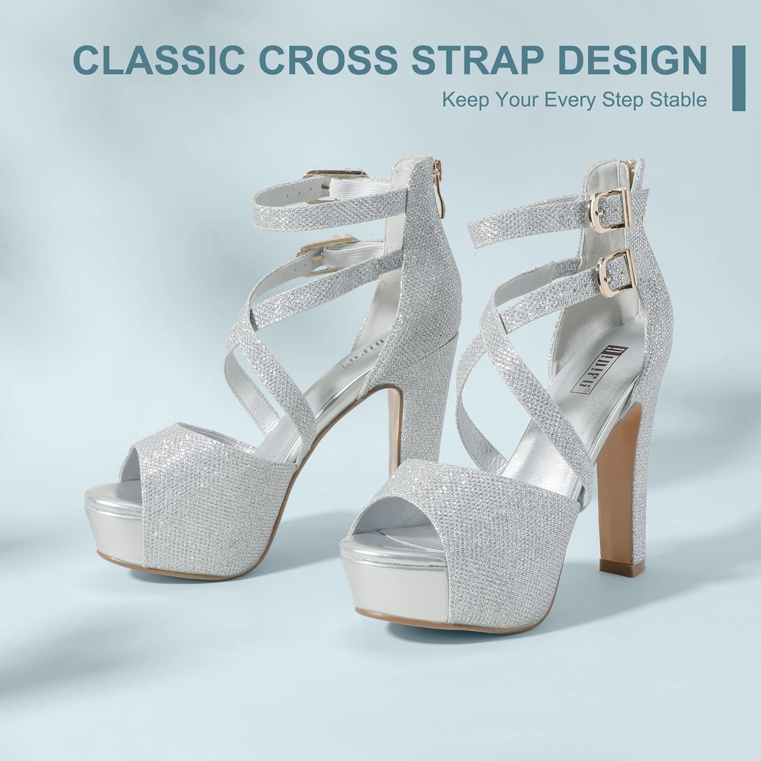 image:imageIDIFU Womens IN5 Charcy Crisscross Strappy Platform High Chunky Heels Peep Toe Pump Party Heeled SandalsSilver