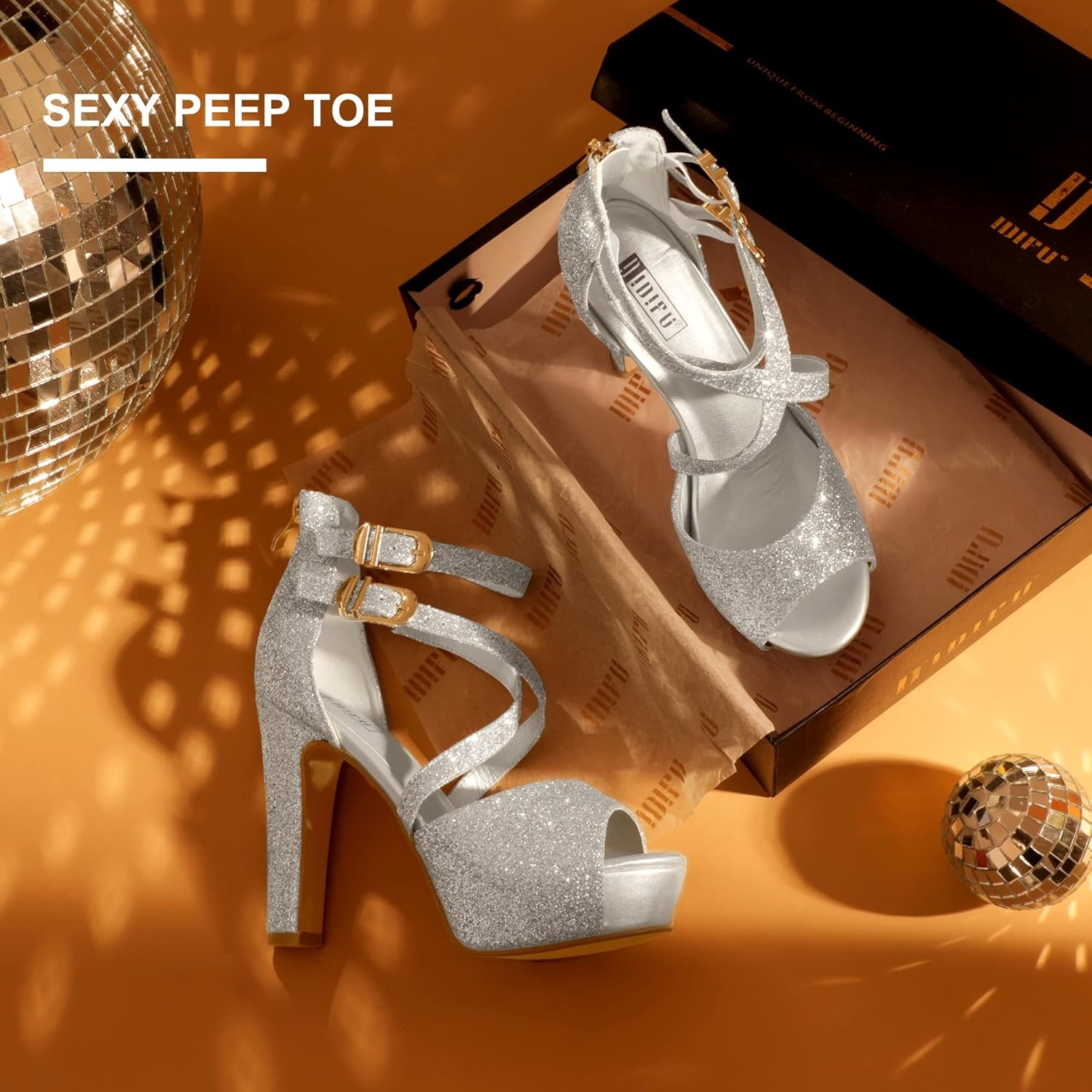 image:imageIDIFU Womens IN5 Charcy Crisscross Strappy Platform High Chunky Heels Peep Toe Pump Party Heeled SandalsSilver Glitter