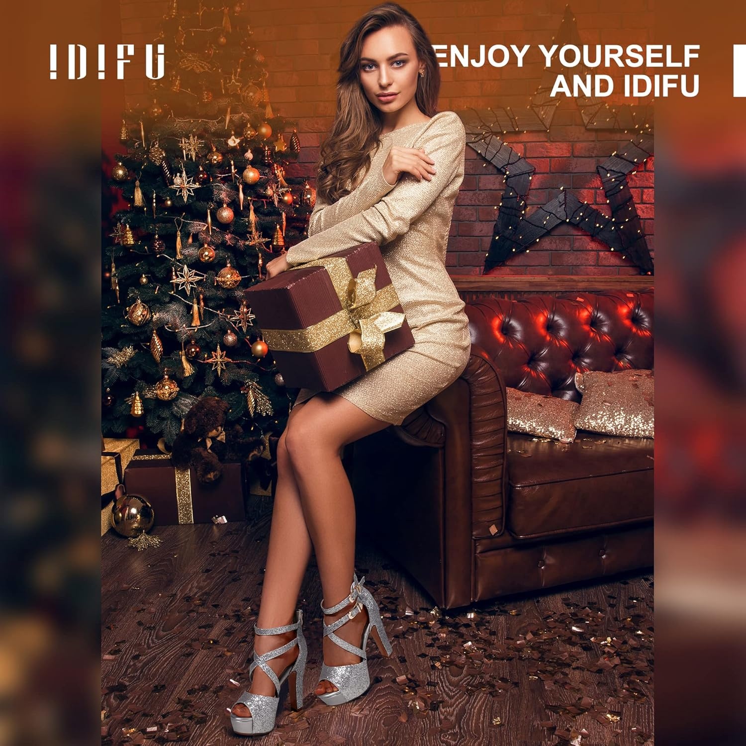 image:imageIDIFU Womens IN5 Charcy Crisscross Strappy Platform High Chunky Heels Peep Toe Pump Party Heeled SandalsSilver Glitter