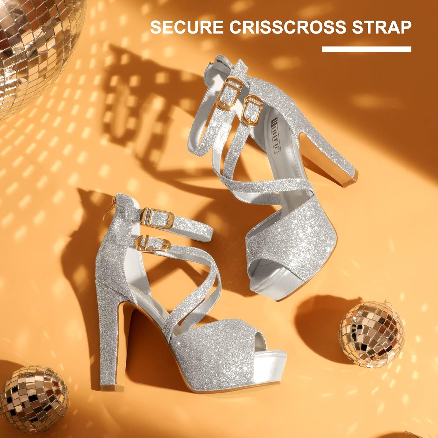 image:imageIDIFU Womens IN5 Charcy Crisscross Strappy Platform High Chunky Heels Peep Toe Pump Party Heeled SandalsSilver Glitter