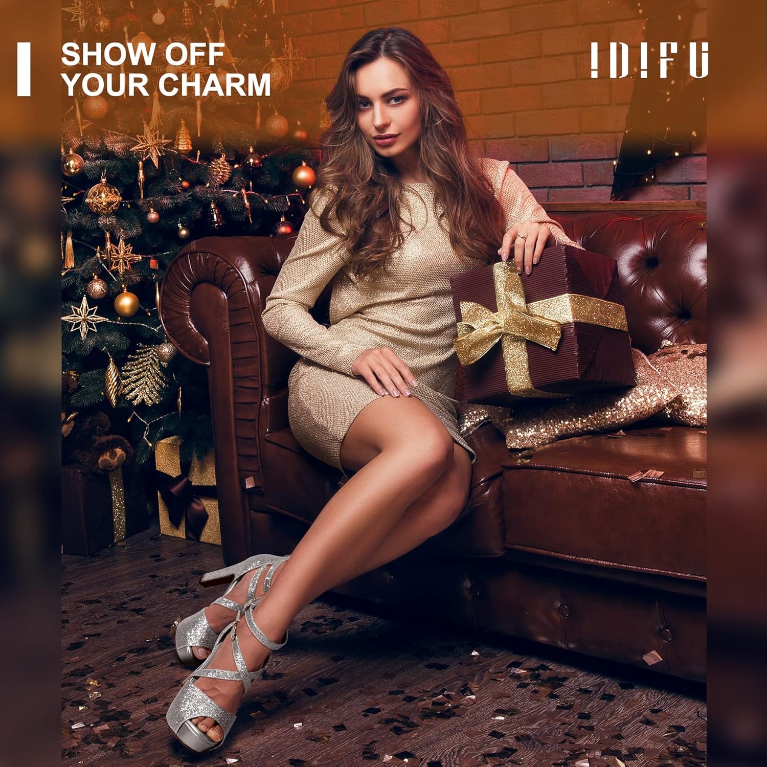 image:imageIDIFU Womens IN5 Charcy Crisscross Strappy Platform High Chunky Heels Peep Toe Pump Party Heeled SandalsSilver Glitter