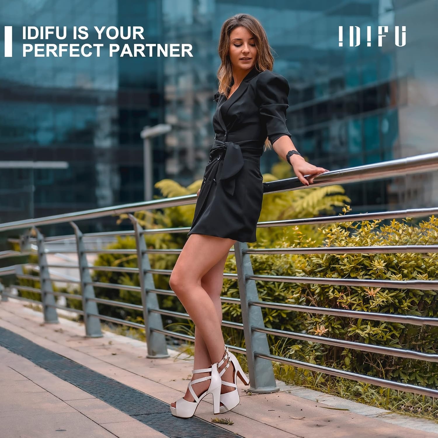 image:imageIDIFU Womens IN5 Charcy Crisscross Strappy Platform High Chunky Heels Peep Toe Pump Party Heeled SandalsWhite Pu