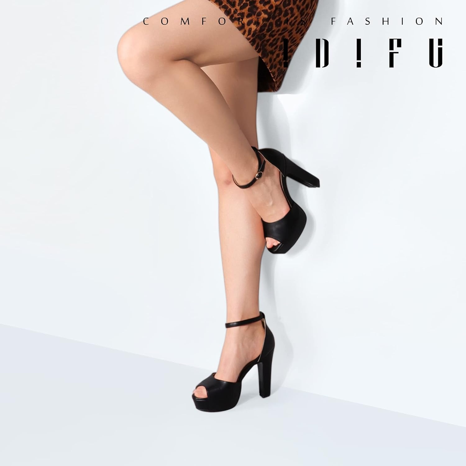 image:imageIDIFU Womens Platform Chunky High Heels Dress Sandals Peep Toe Ankle Strap Wedding Party Evening Shoes for Women BrideBlack Pu