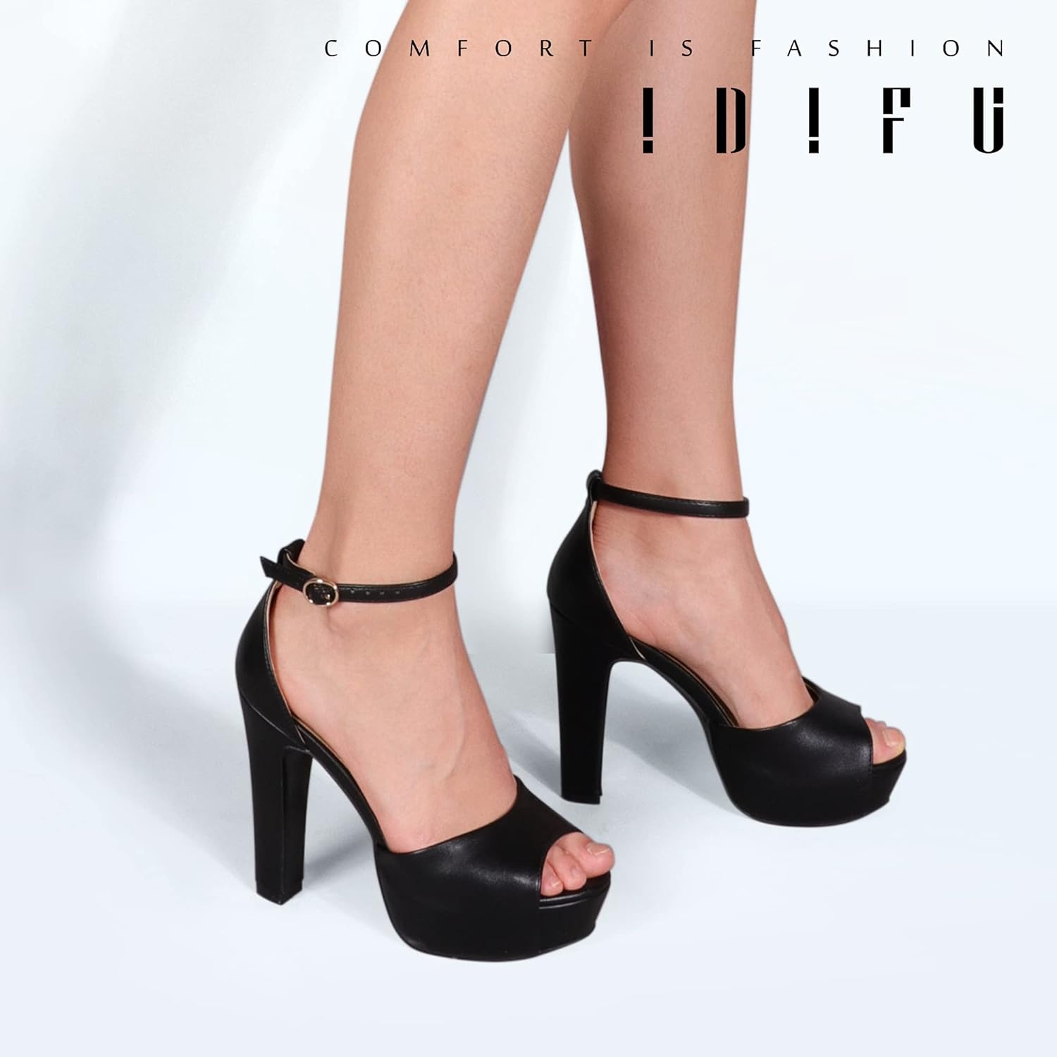 image:imageIDIFU Womens Platform Chunky High Heels Dress Sandals Peep Toe Ankle Strap Wedding Party Evening Shoes for Women BrideBlack Pu