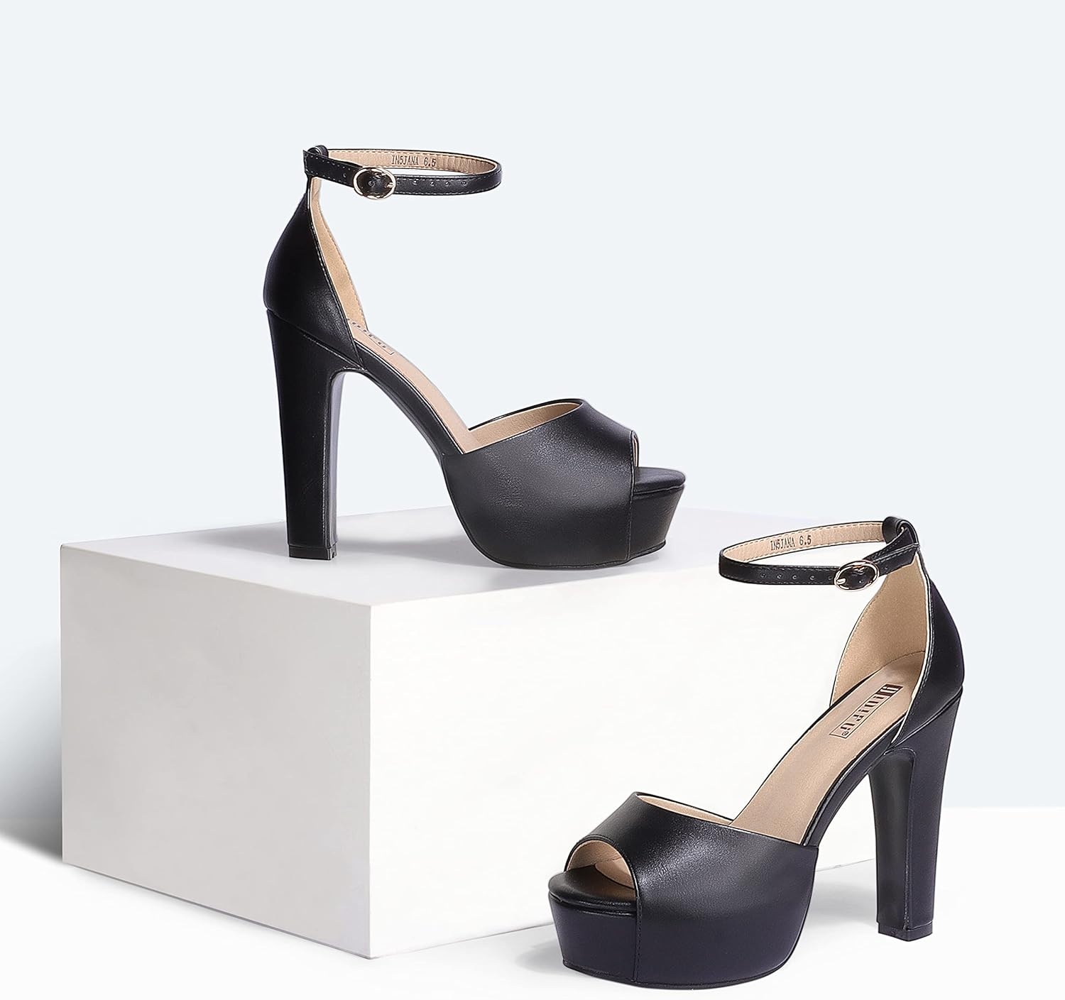 image:imageIDIFU Womens Platform Chunky High Heels Dress Sandals Peep Toe Ankle Strap Wedding Party Evening Shoes for Women BrideBlack Pu