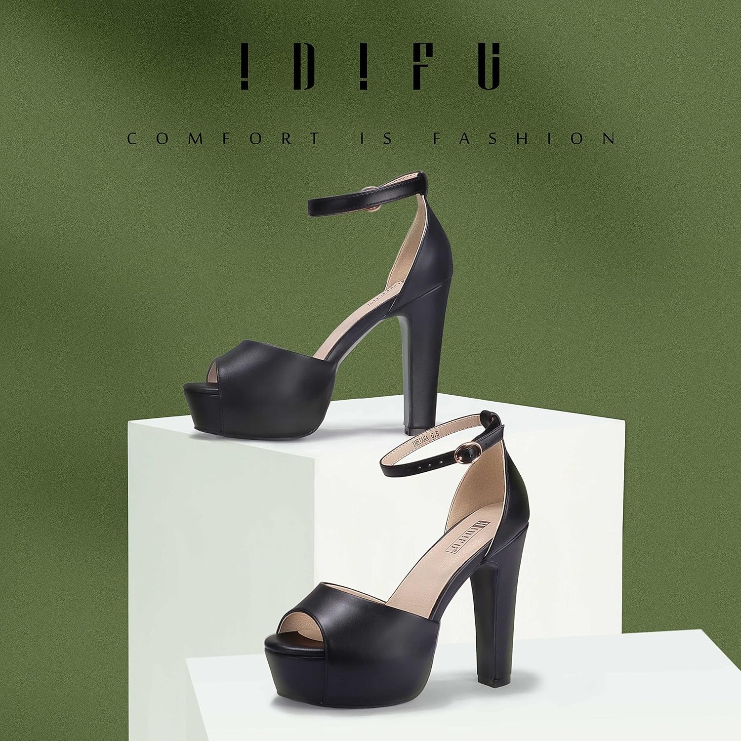 image:imageIDIFU Womens Platform Chunky High Heels Dress Sandals Peep Toe Ankle Strap Wedding Party Evening Shoes for Women BrideBlack Pu